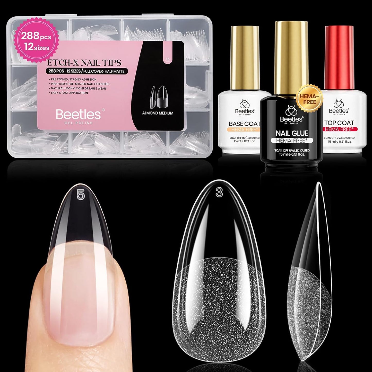 Beetles Gel Nail Kit - Almond Short 288pcs Nail Tips with Hema-Free Glue & Base Gel Set | DIY Acrylic Press-On Nails