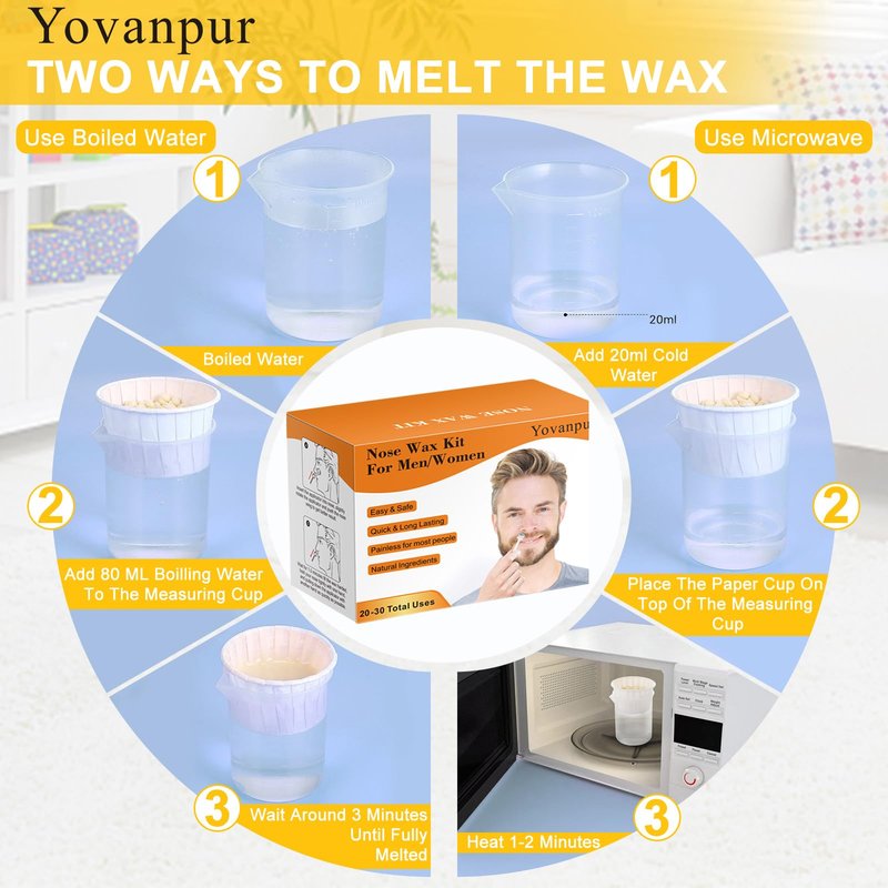120g Nose Wax Kit for Men Women, Yovanpur Nose Hair Waxing Kit with More Nose Hair Wax Beads (20-30 USES), 30 Applicator, 15 Mustache Protector, 15 Paper Cups, 1 Measuring Cup - Easy and Quick