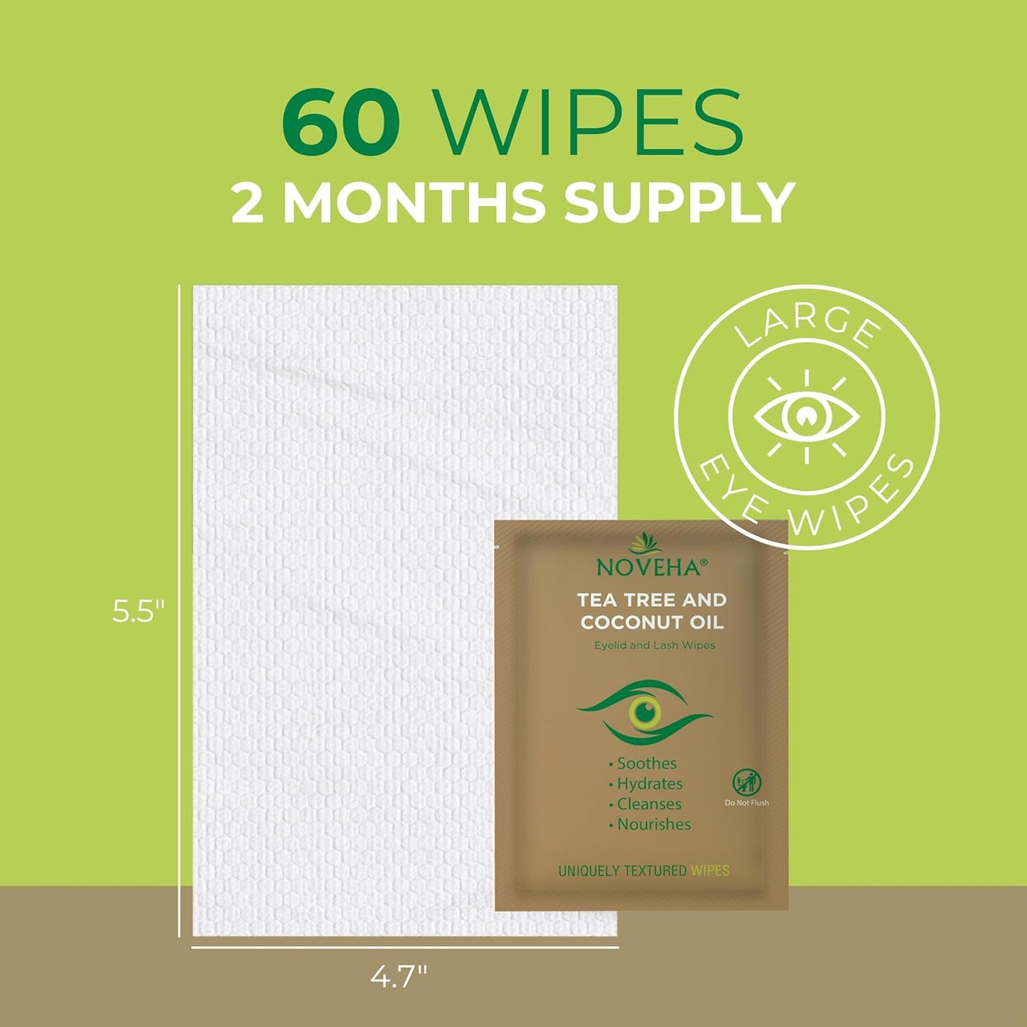 NOVEHA Tea Tree & Coconut Oil Eyelid Wipes - 60 Individually Wrapped Makeup Remover Wipes for Itchy Eyes | Aloe Vera Infused