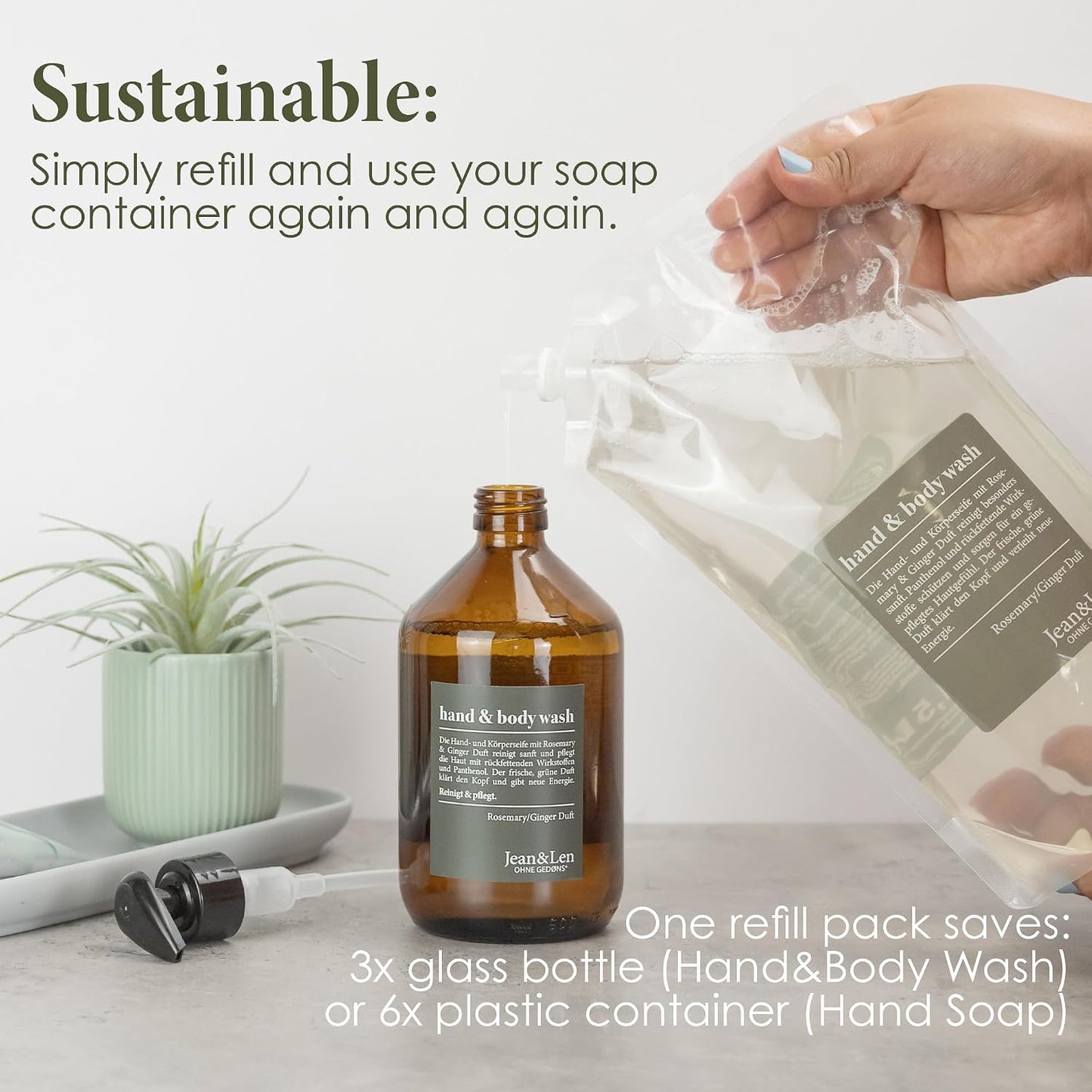 Moisturizing Liquid Hand & Body Wash - Rosemary Ginger Refill Pack | Vegan, Silicone & Paraben Free, 50.7 Fl. Oz.