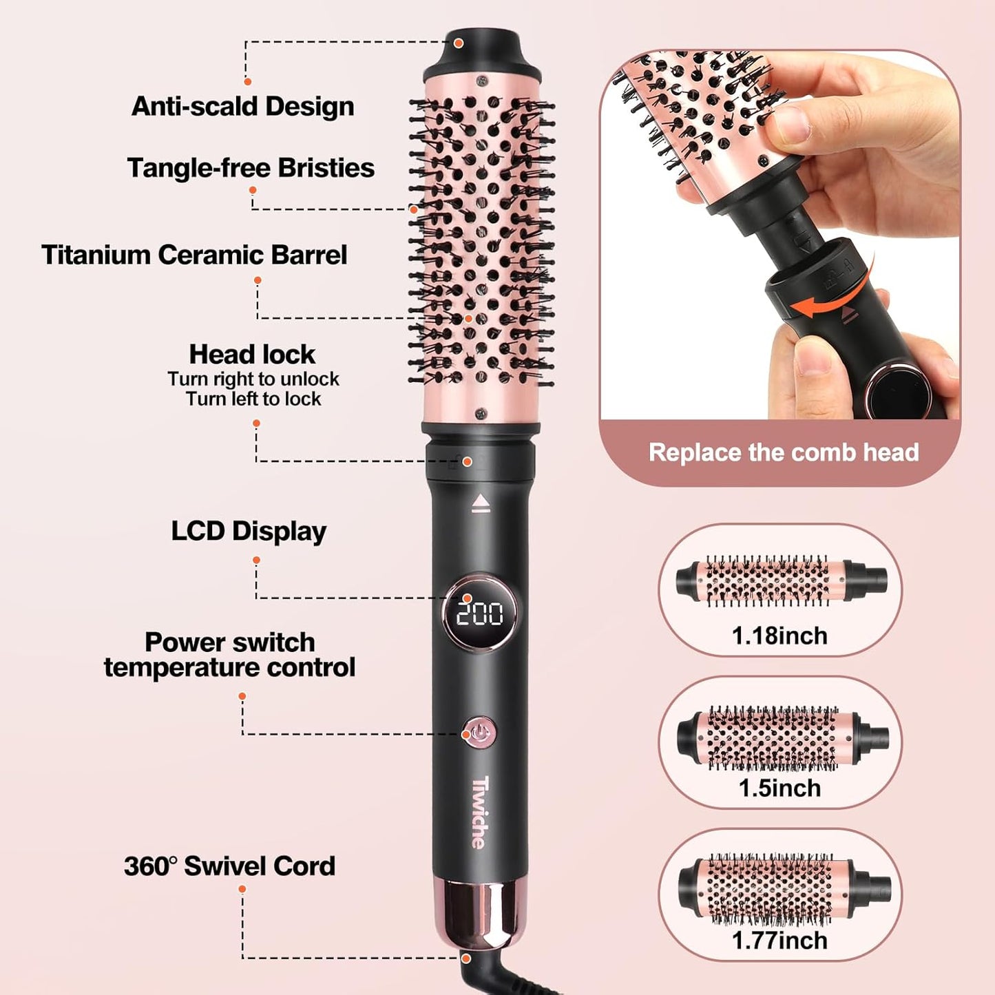 3-in-1 Heated Round Thermal Brush Set - Adjustable Temp, Fast Heating Titanium Ceramic | Detachable Barrels (1.18/1.5/1.77 Inches)