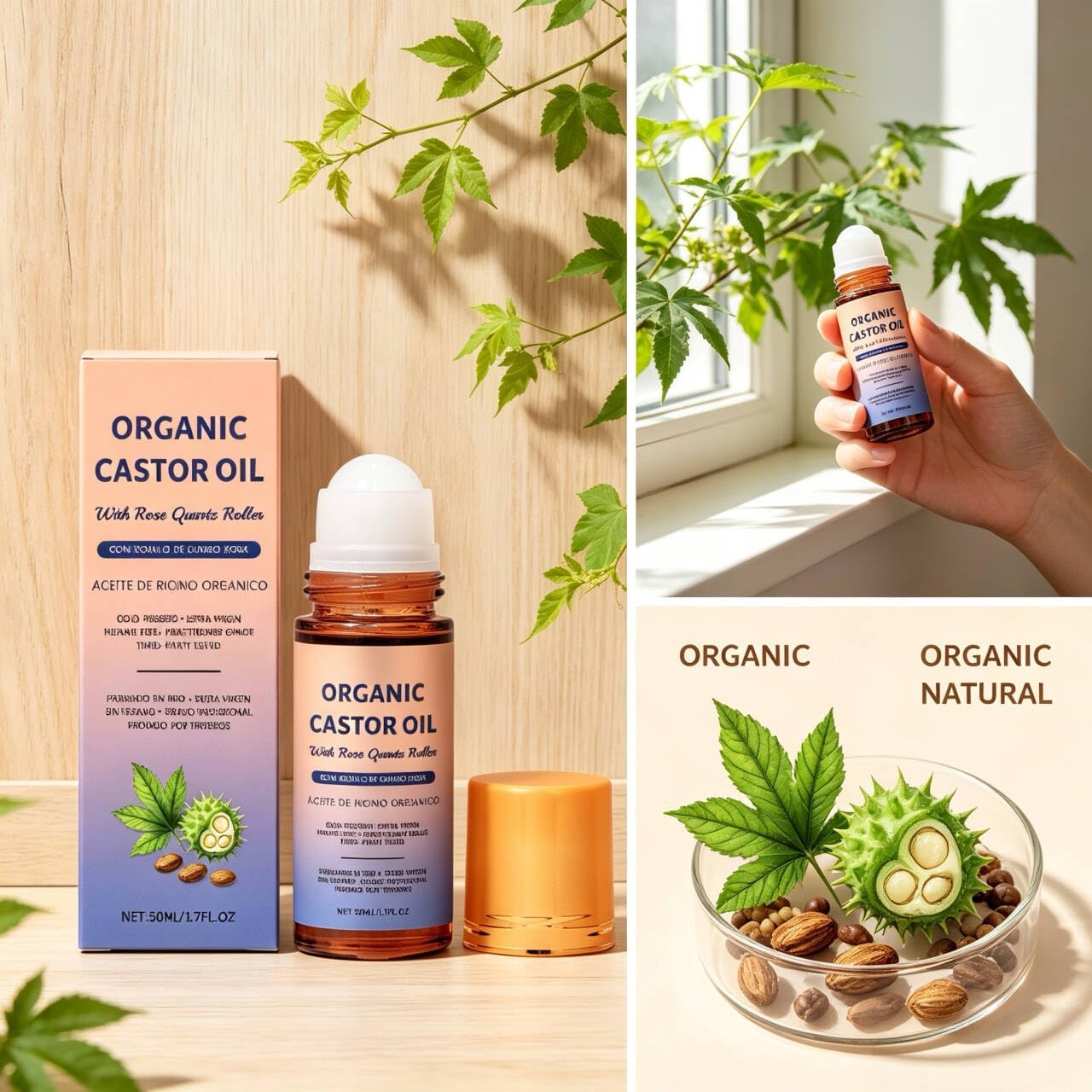 Organic Castor Oil with Rose Quartz Roller - 100% Pure Cold-Pressed | Hexane-Free 1.7oz Amber Glass Bottle for Skin