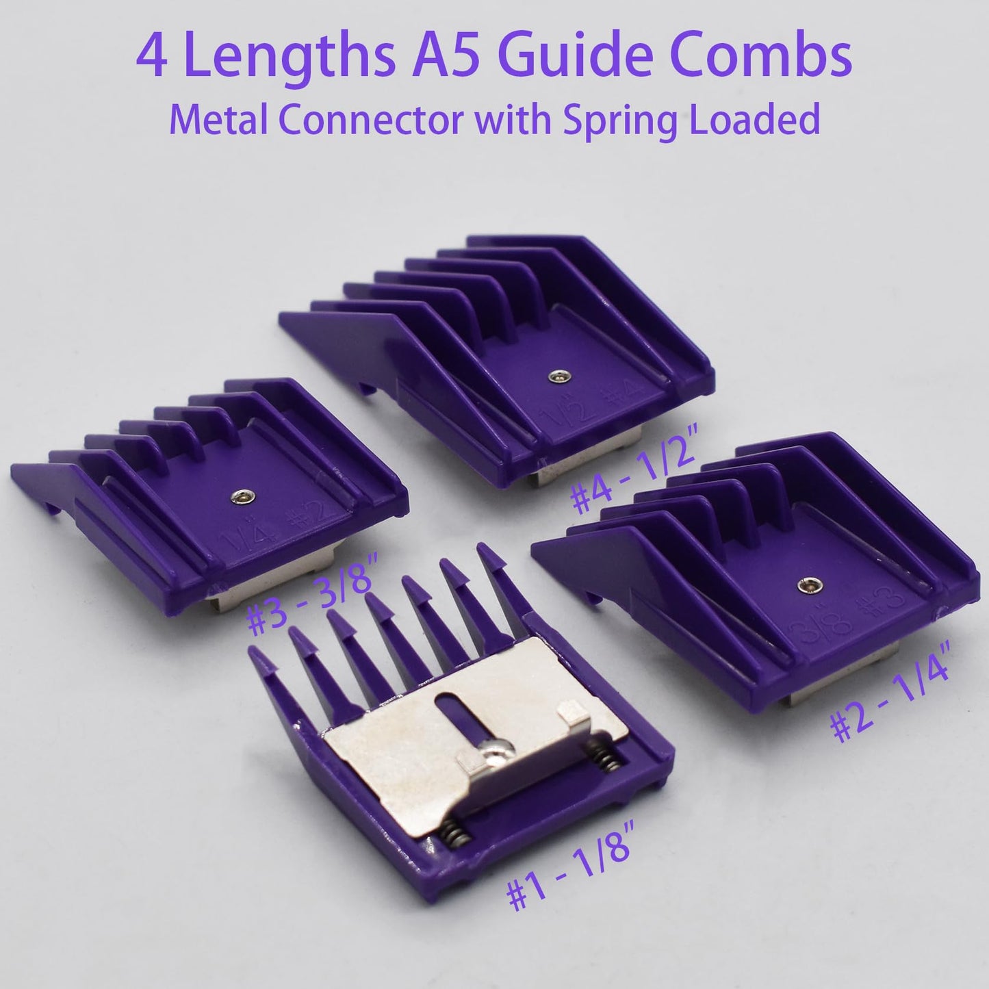 4 Pieces Professional A5-Style Animal Clipper Attachment Guard Guide Cutting Combs Set 76926-900, 1/8", 1/4", 3/8", 1/2", Compatible with Oster Classic 76 A5 Andis AG BG Wahl KM Pet Groomers (Purple)