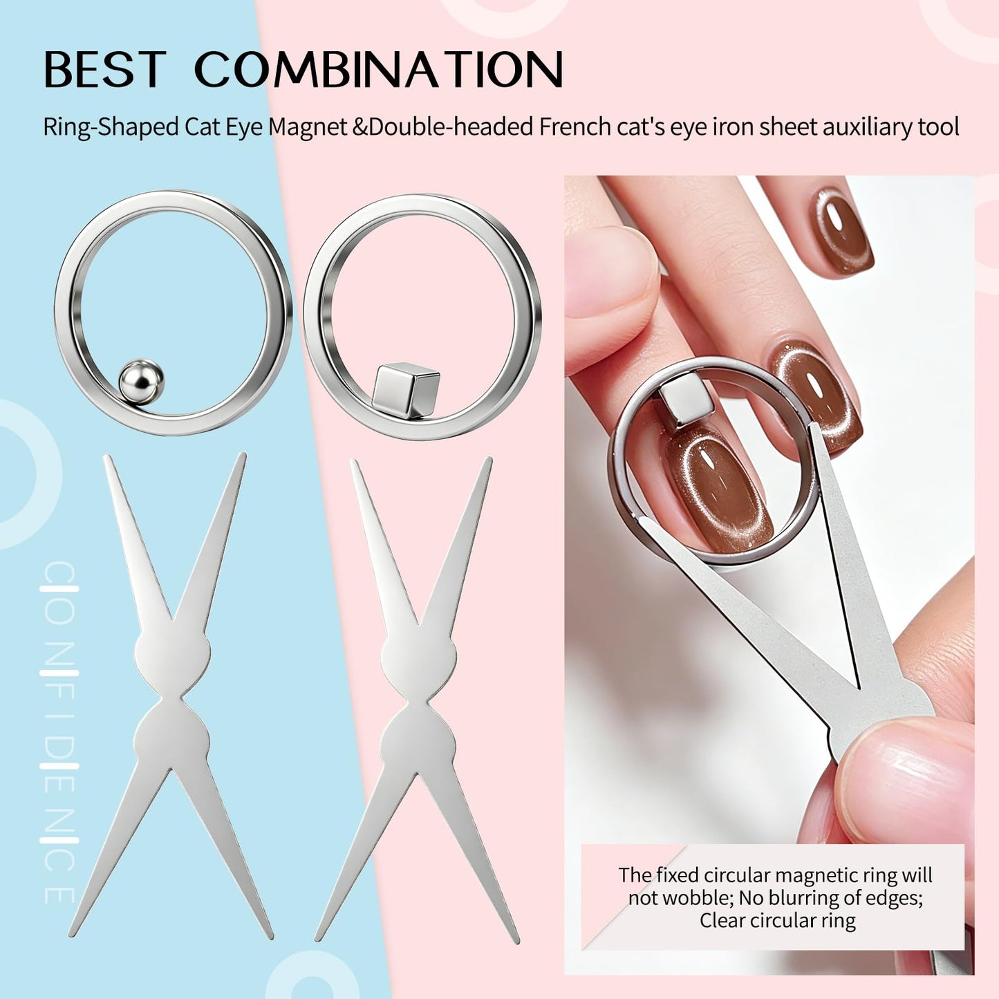 Circle Cat Eye Magnet，2 Set Ring-Shaped Magnet for Nails,Round Strong Cat Eye Nail Art Magnet with French Tip Tools,Portable Hollow Circular Cat Eye for Beginner Home Salon DIY Manicure