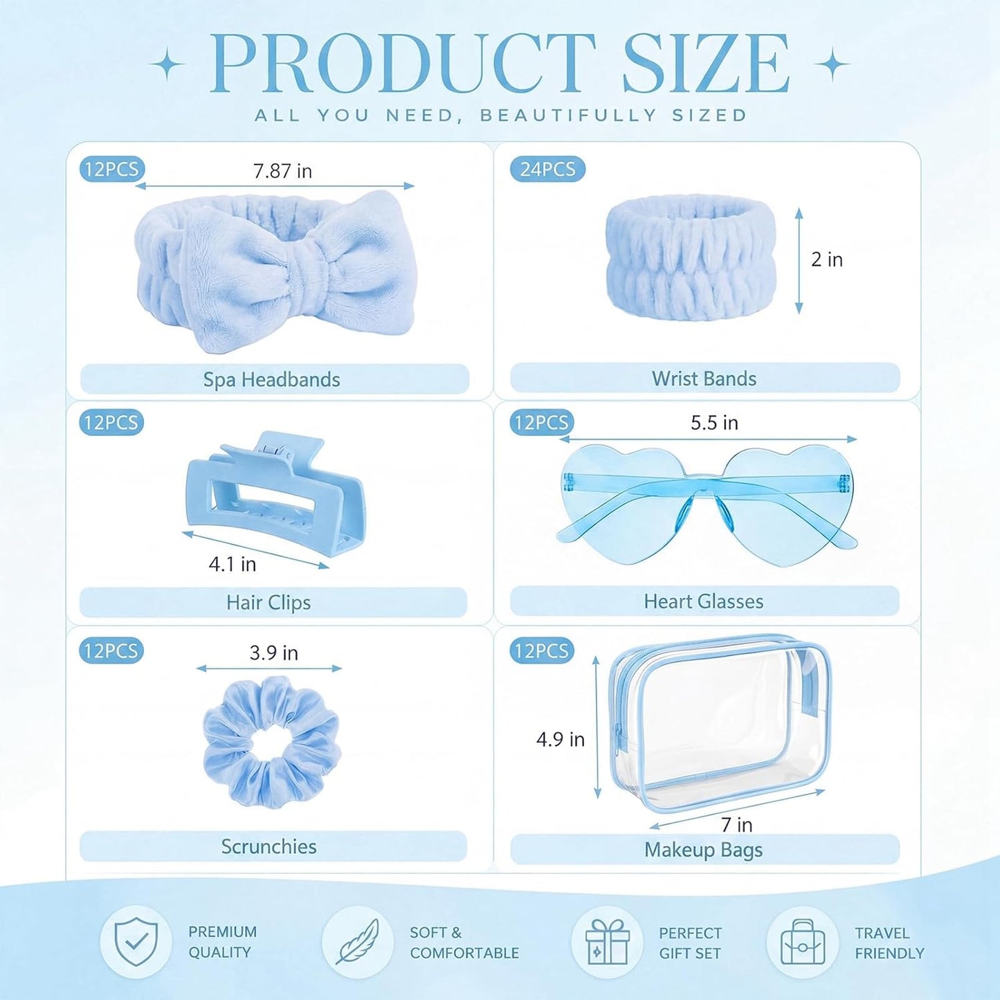 Slumber Party Supplies - 12 Set 84 Pcs Spa Gift Kit with Headbands, Sunglasses & Makeup Bag | Pastel Colors