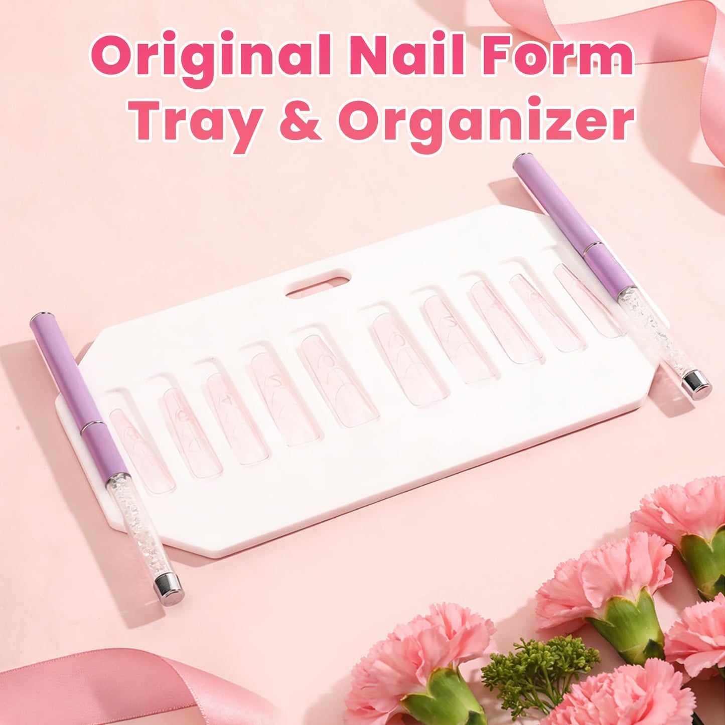 BOMOQING Original Nail Form Tray & Compartments Organizer - 10 Slot Acrylic Nail Form Display with Brush Holder for Salon & Home DIY Manicure