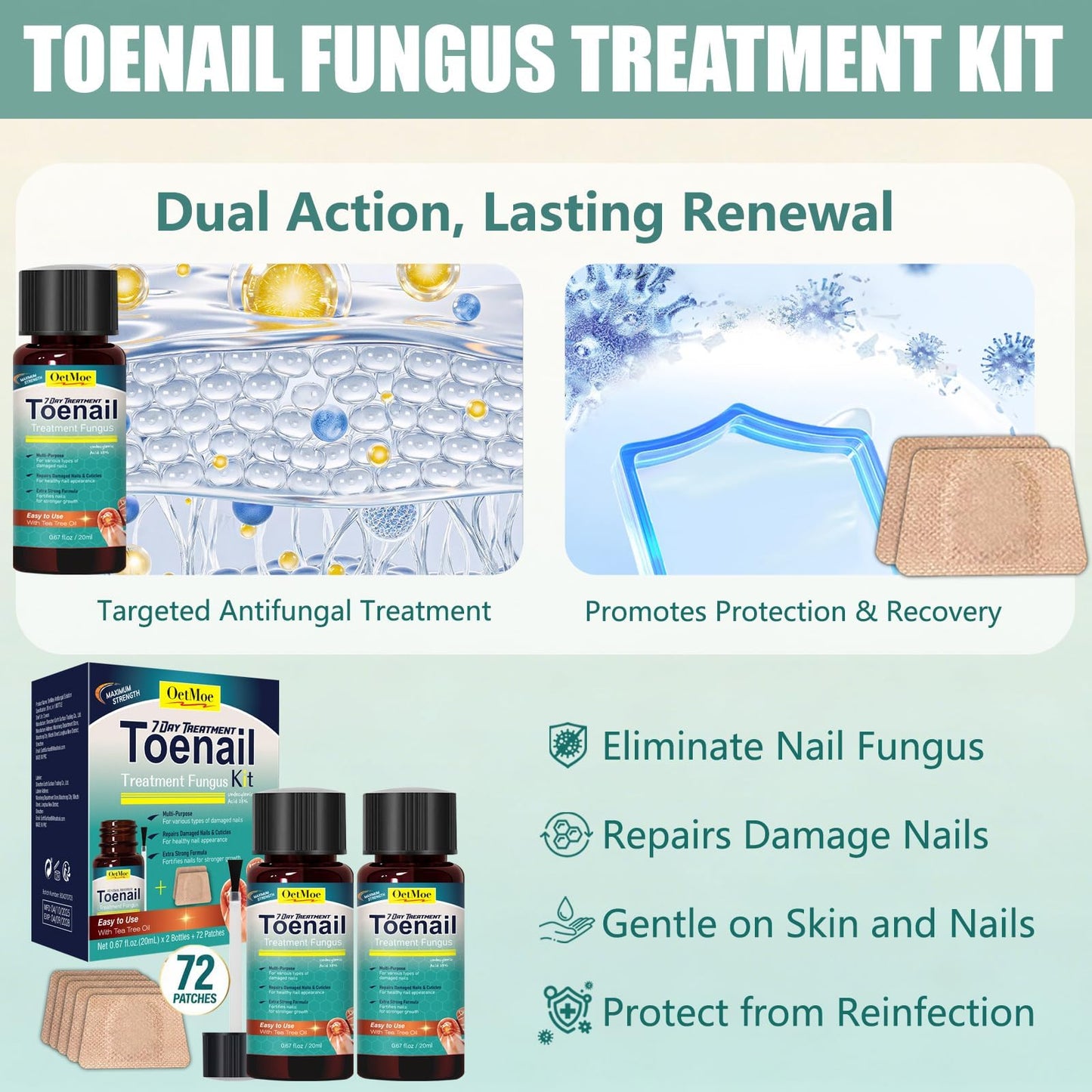 Toenail Treatment Extra Strength Kit, 7-Days Nail Treatment with 25% Undecylenic Acid & 72 Nail Patches, Repairs Yellow, Thick, Discolored & Broken Nails