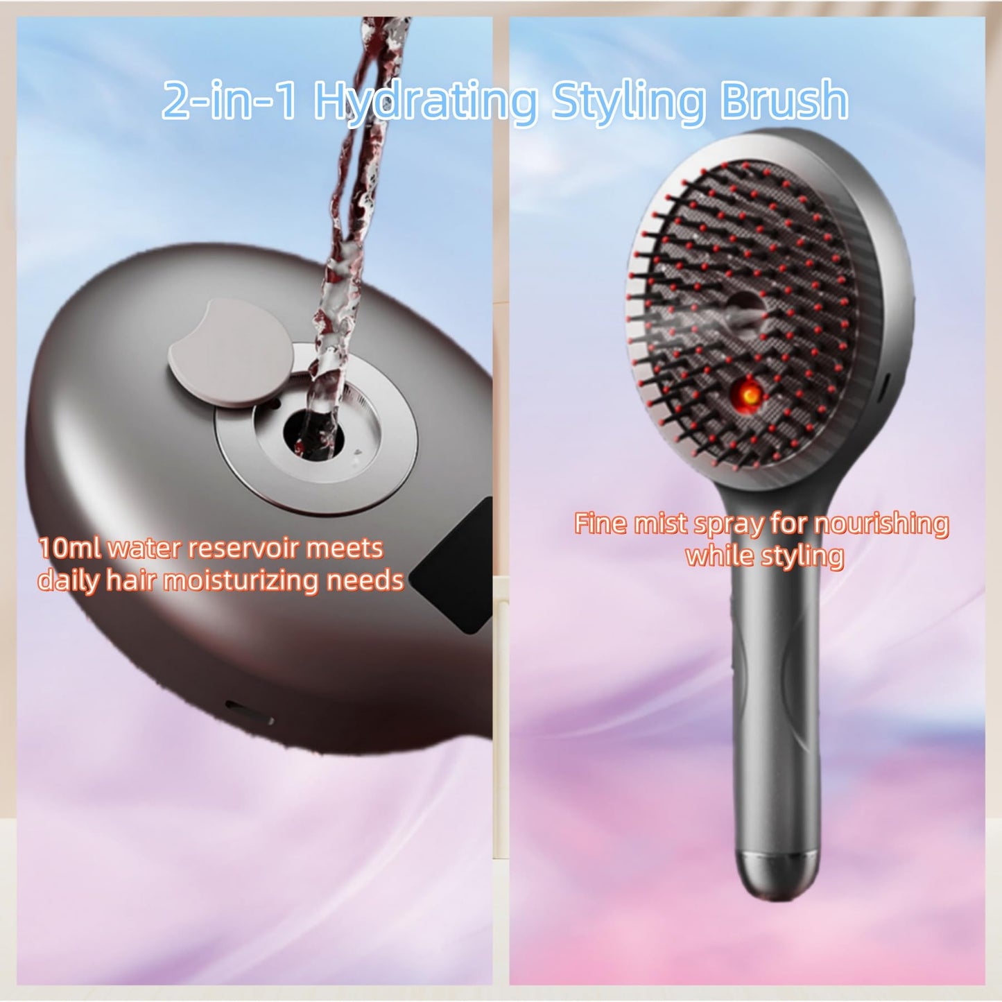 Hair Brush with Water Spray, 2-in-1 Hydrating Styling Brush, Wet & Dry Tangle-Free Brush with Soft Bristles, Adds Shine & Smooth, Reduces Frizz for Women & Men (Pink)