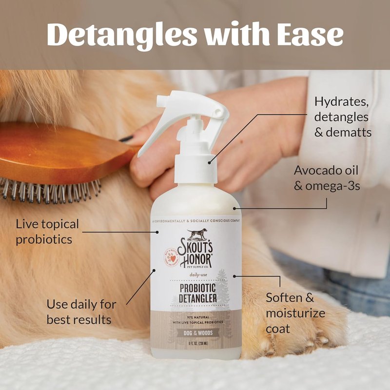 Skout's Honor Probiotic Pet Detangler Spray - Hydrating Avocado Oil Formula | 8oz for Soft, Brushable Coats