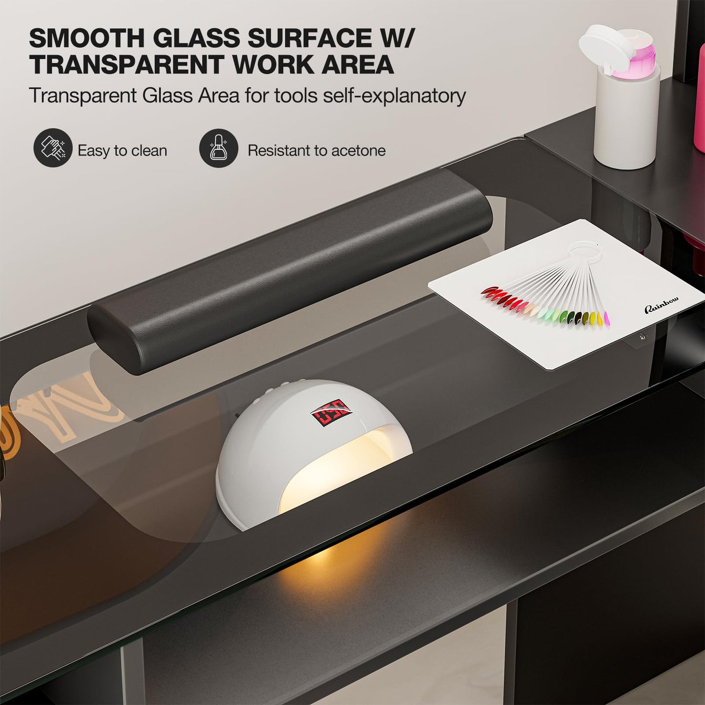 Paddie Manicure Table with LED Light, L-Shaped Glass Top Nail Tech Table w/2 Storage Shelves, Upwards Cabinet Door, Corner Nail Station w/3 Drawers & Wrist Cushion(Black)