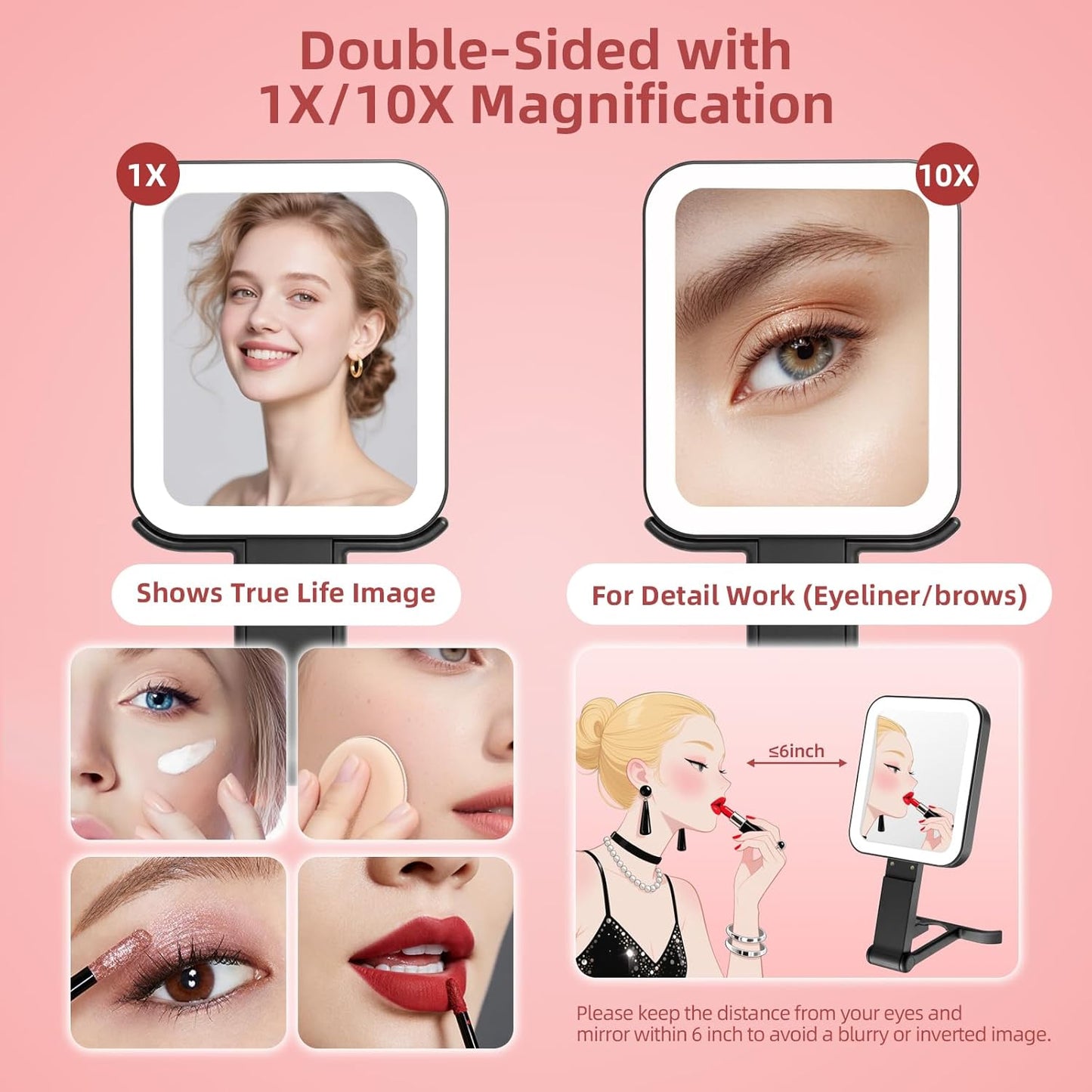 Rechargeable Travel Mirror with Lights - 10X/1X Double-Sided, 3 Color Lighting | Smart Touch Dimming, Precision Tweezers (10.3"x5.2")