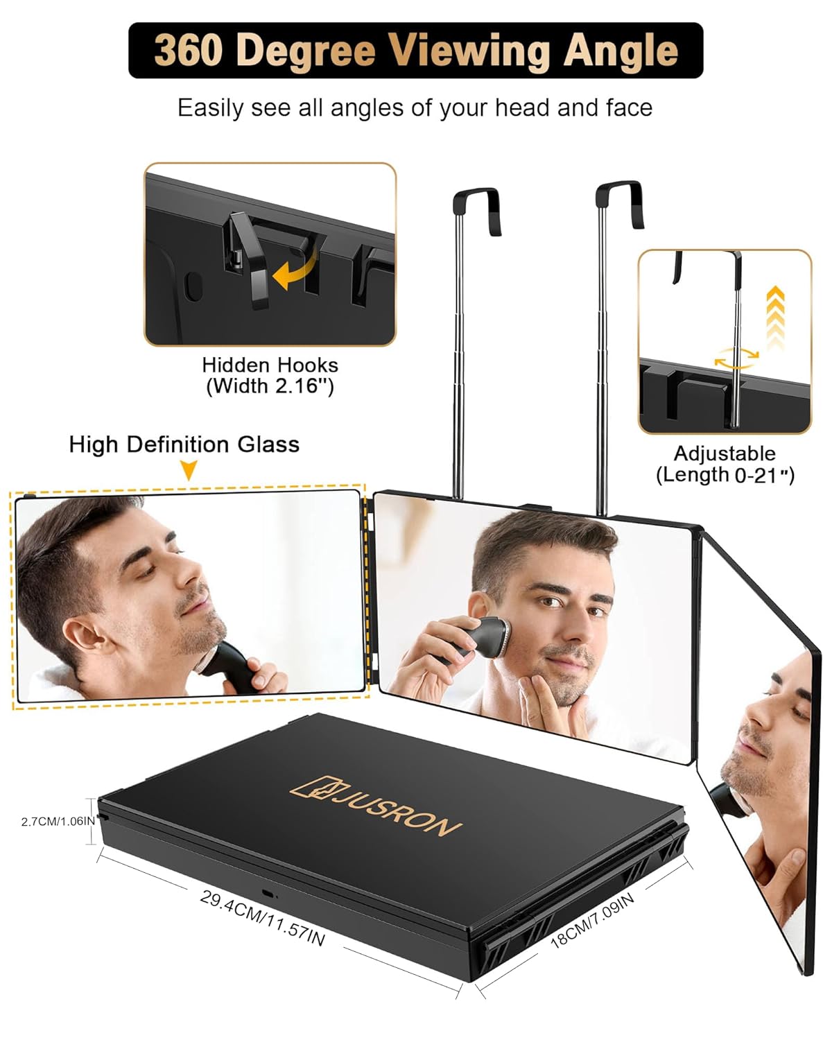 JUSRON 360-Degree Self Hair Cutting Mirror - Clear Anti-Fog HD Glass | Black, No LED or Accessories
