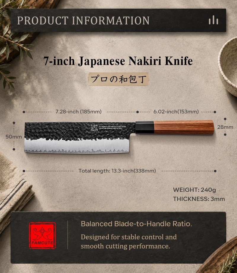 FAMCÜTE 7 Inch Japanese Nakiri Knife, Hand Forged 5 Layers High Carbon 9CR18MOV Steel Rosewood Handle Chef Knife, Efficiency Cutting Professional Japanese Knife, A Thoughtful Father’s Day Gift for Men