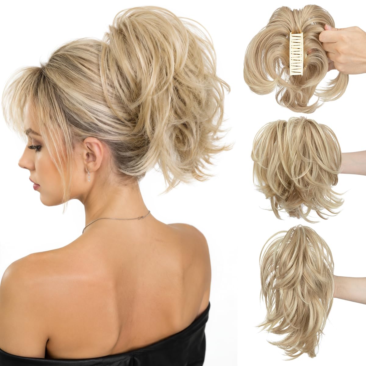 CJL Hair Claw Clip Short Ponytail Extensions - Bendable Metal Messy Bun Piece | Wavy Curly Synthetic Hair, Ash Grey