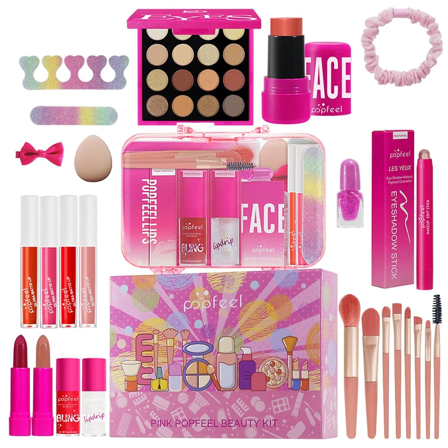 All-in-One Makeup Kit for Women - Hot Pink Essential Bundle | Eyeshadow Palette, Lipstick, Blush & More