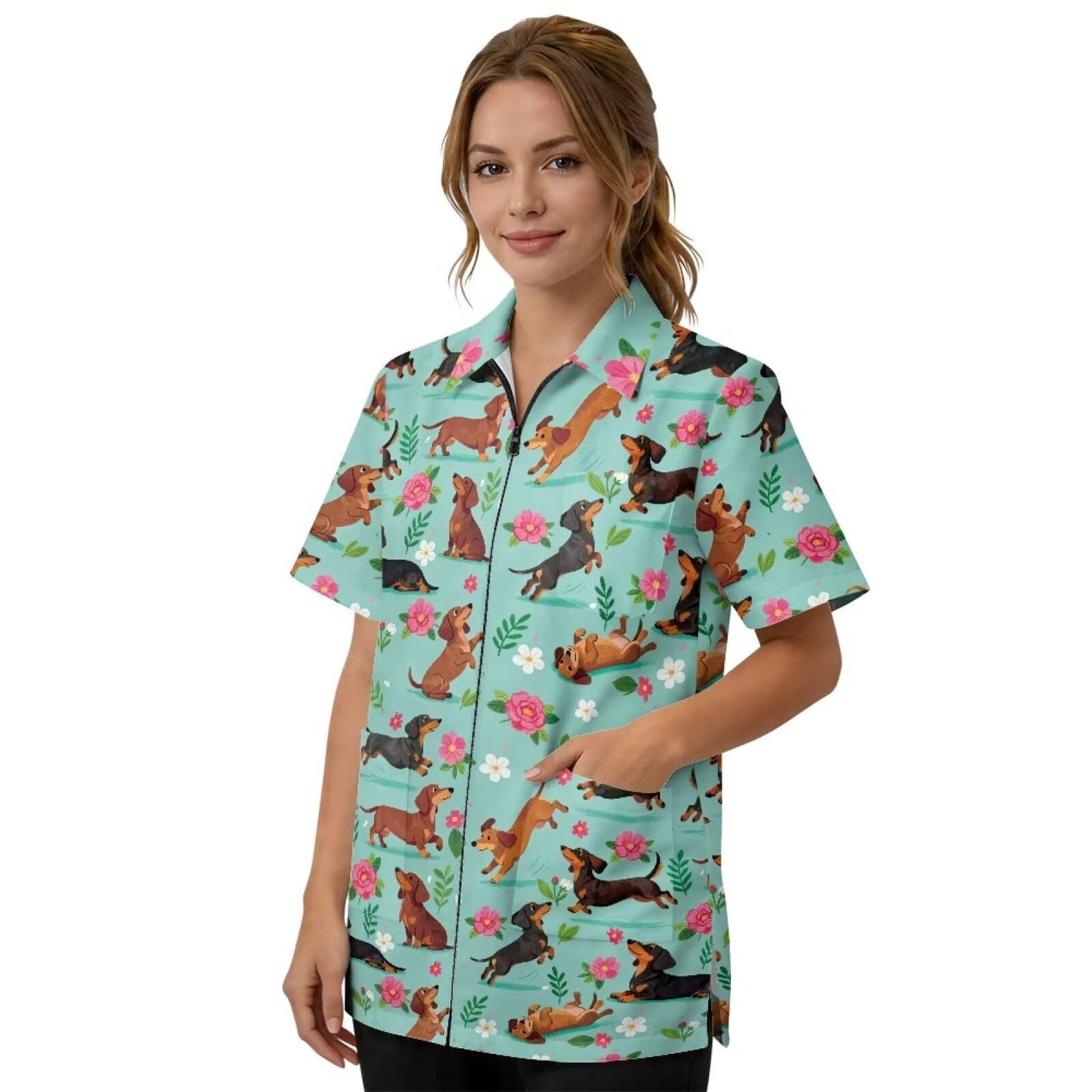 Srengjodk Green Waterproof Pet Grooming Workwear Short Sleeves Anti-Static Dog Groomer Smock Capes For Stylist,Baber With Full Zipper 3 Pockets Dachshund Print Xl S