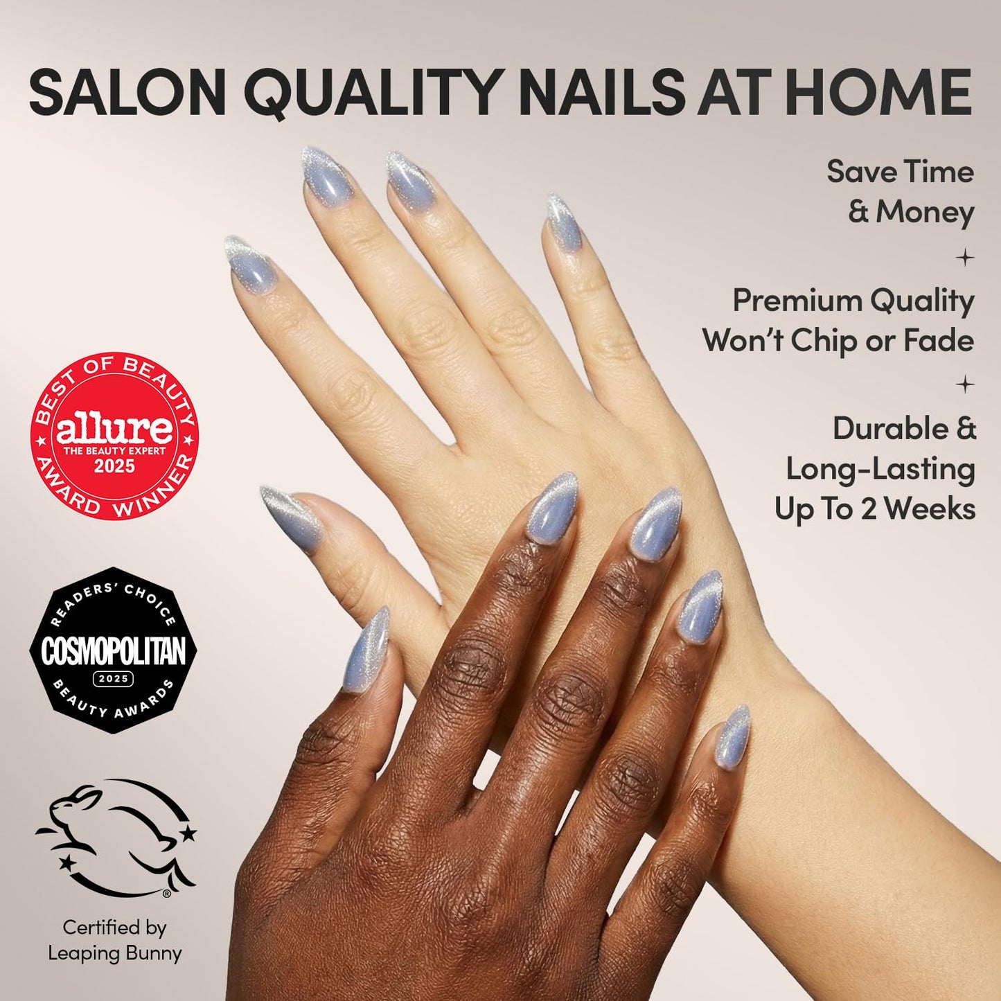 Glamnetic Press On Nails - Baby Blues | Short Almond, Pastel Blue Fake Nails with a Mesmerizing Metallic Finish | 15 Sizes - 30 Nail Kit with Glue