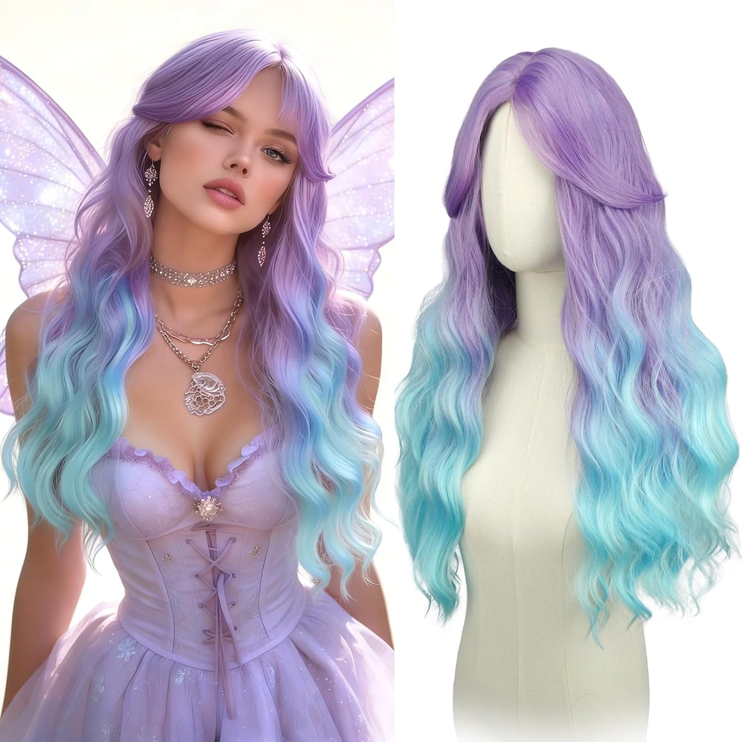 Blue Wigs with Curtain Bangs - Long Wavy Synthetic Hair Wig for Women | 26 Inch Blue Mixed Grey
