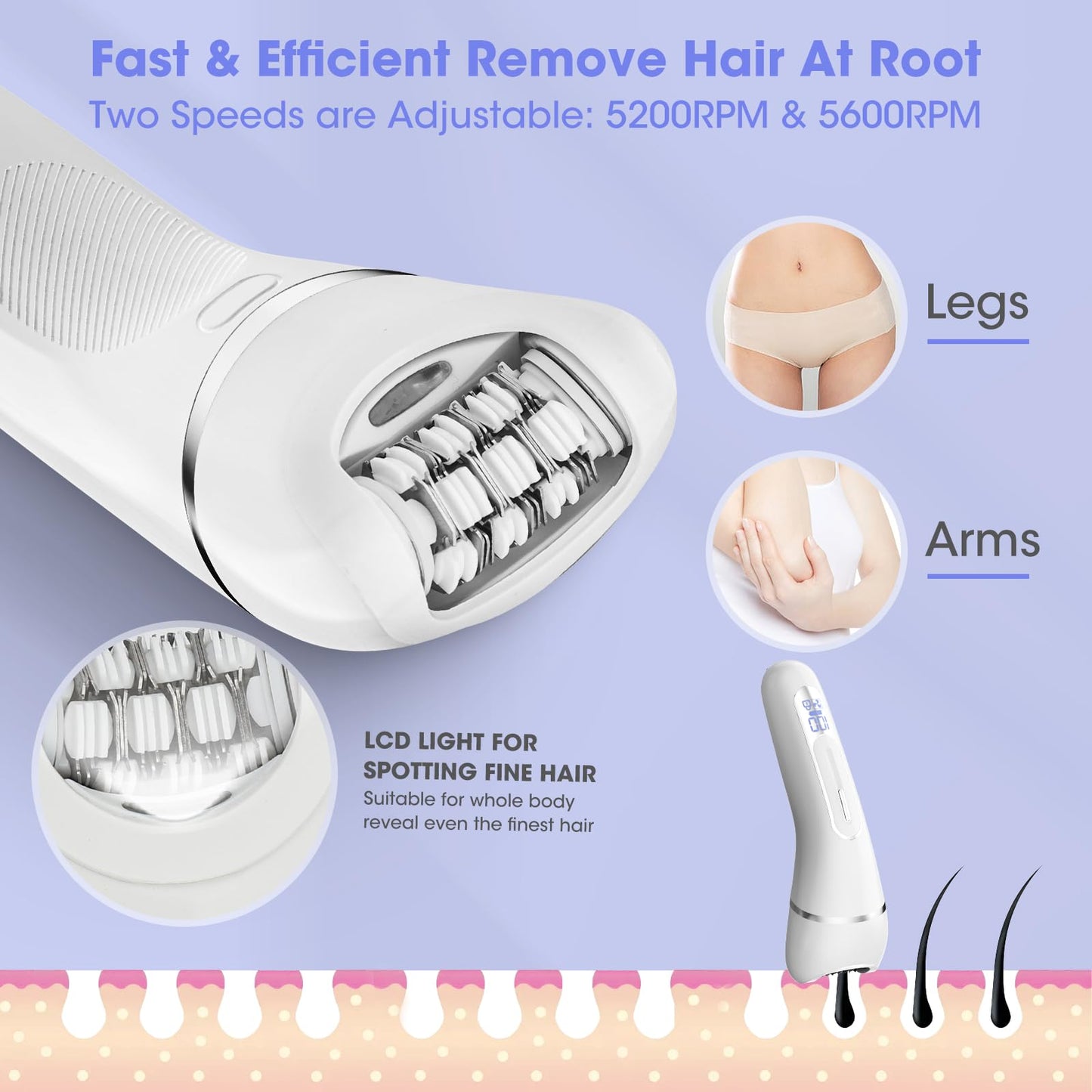 Qreeyx Epilator for Women, 7 in 1 Epilator Hair Removal for Women, Shaver, Bikini, Face Razor, Facial Brush, Face Massage and Body Exfoliator, Waterproof Painless Lady Shaver (White 227)