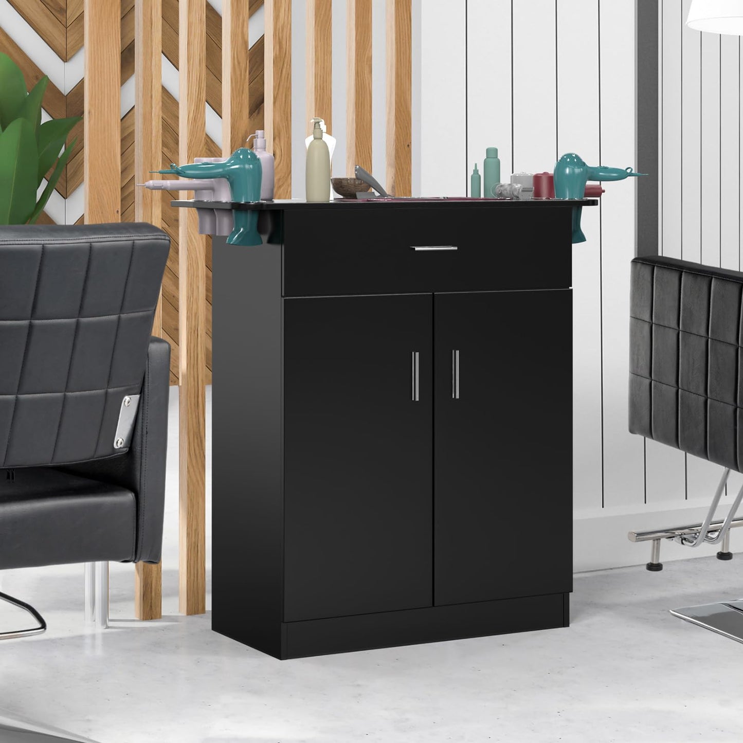 OmySalon Salon Station Barber Storage Cabinet, Free Standing Beauty Hair Stations, Beauty Salon Spa Equipment Hair Styling Utility Unit with 1 Drawers, 1 Storage Cabinet, 6 Hair Dryer Holders, Black