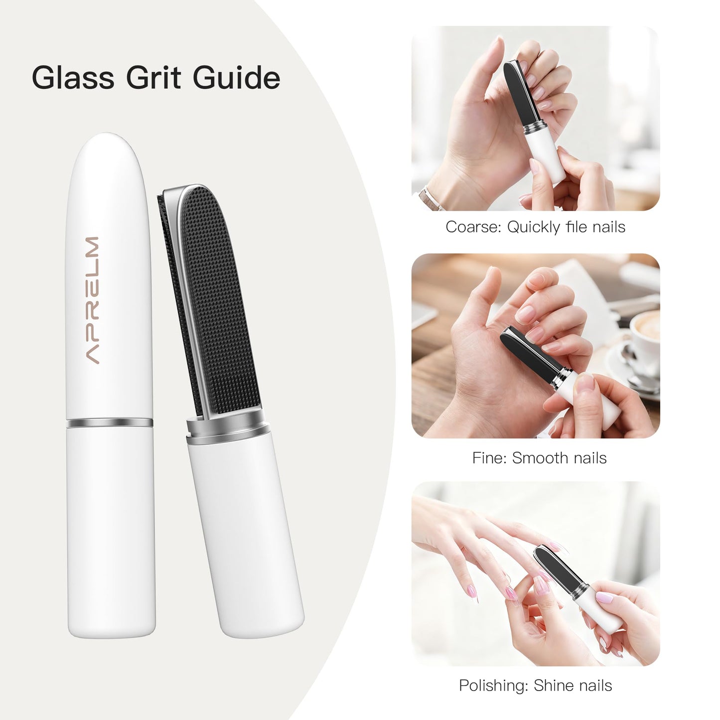 APRELM Portable 3-in-1 Glass Nail File with Case, Reusable 3-Sided Nail Files and Buffers for Natural Nails, Coarse/Fine/Polishing Mini Nail Files for Travel Outdoor Home (White)