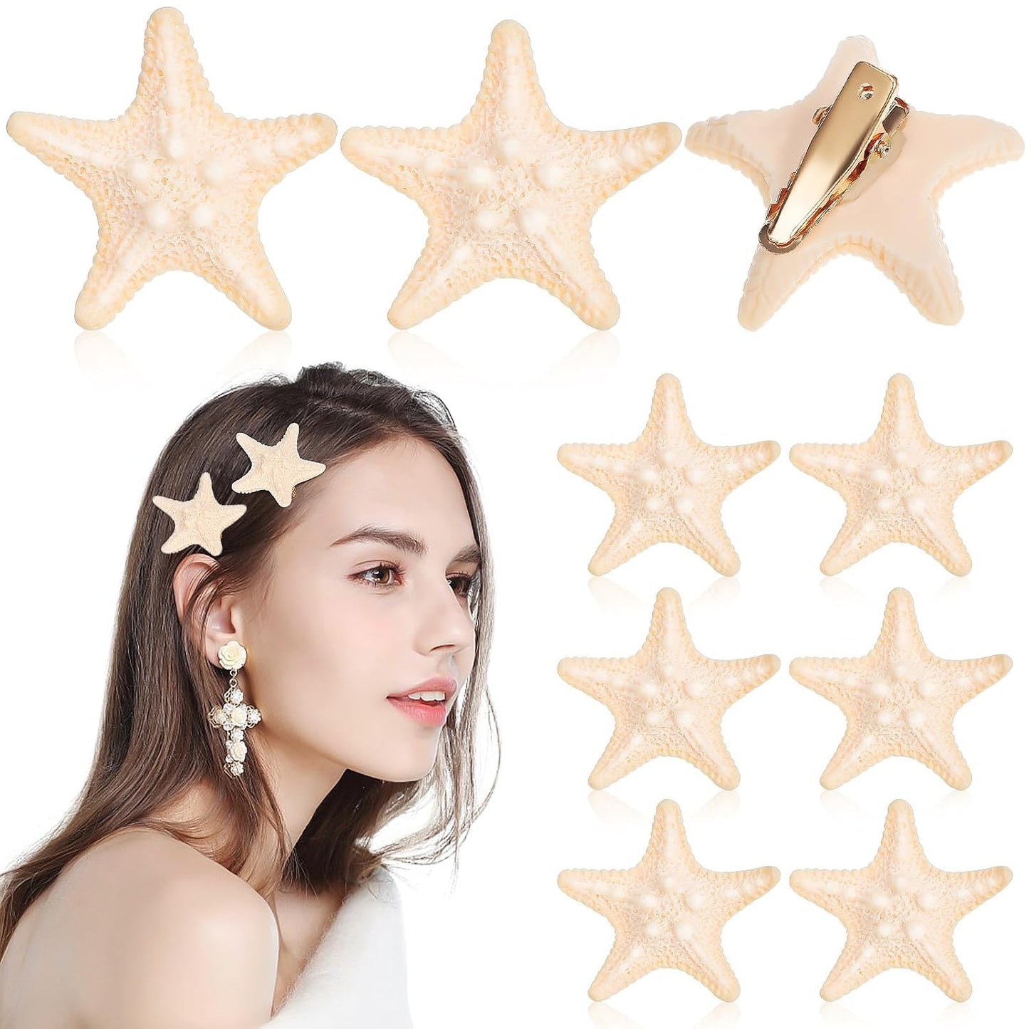 Starfish Hair Clips - 10 Pcs Realistic Resin Mermaid Barrettes | Nonslip Beige Shells for Beach Theme Parties & Cosplay