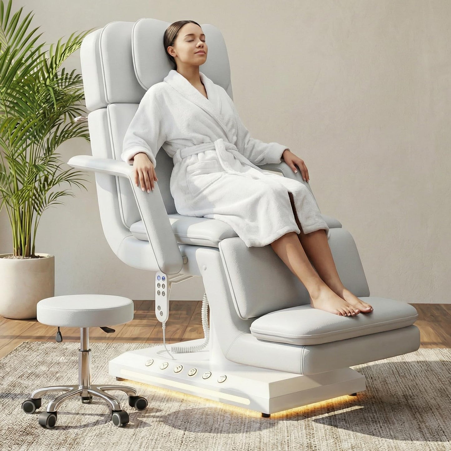 HolaiNail Electric Massage Table w/Stool, 3 Motor Professional Spa Bed, Foot Pedal & Remote Control, Height Adjustable Wide Facial Table for Salon & Spa (White | with Rolling Stool)