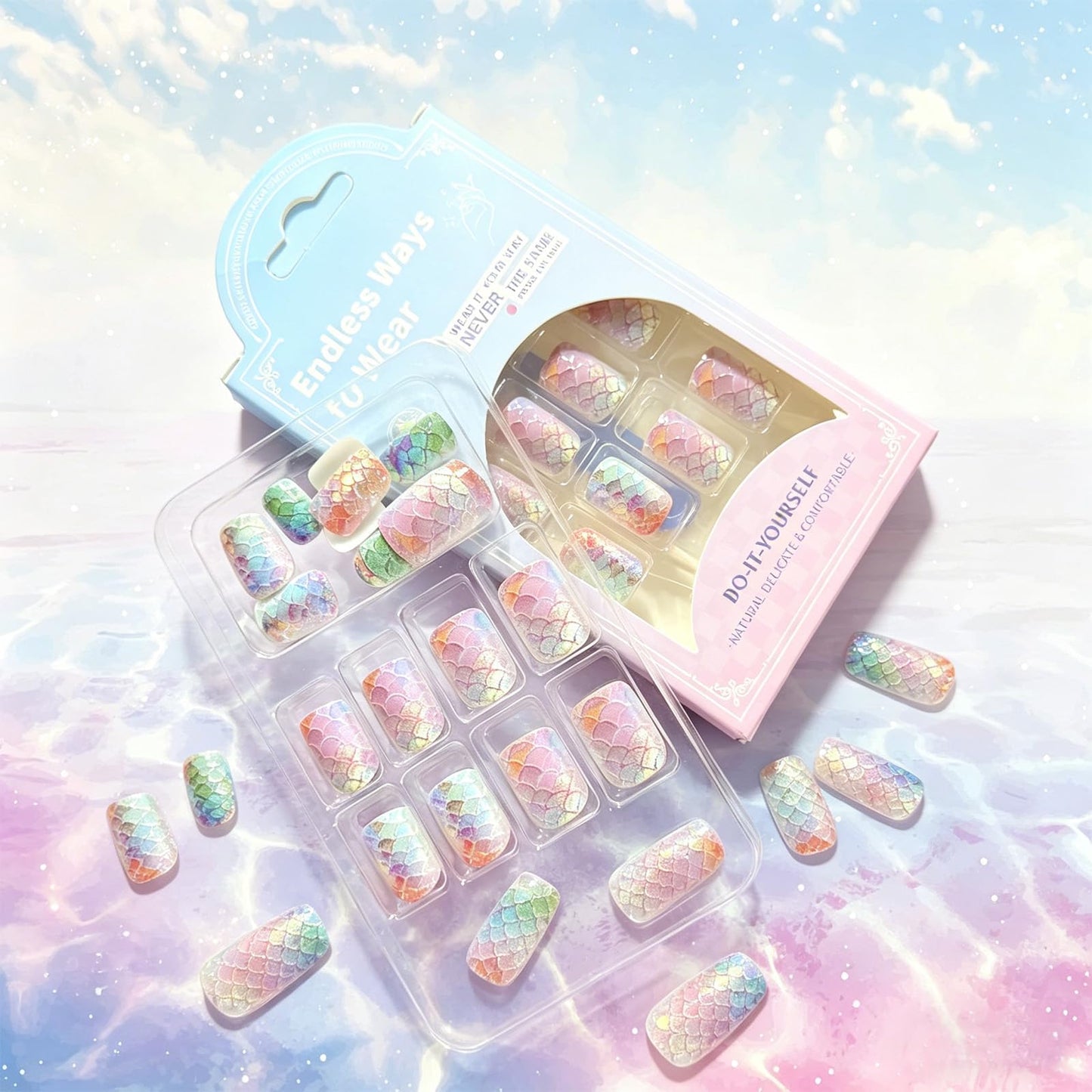 Mermaid Press on Nails Short Square, Gradient Colorful Fake Nails with 3D Fish Scales Design Summer Vacation False Nails, 24Pcs Glossy Reusable Artificial Stick on Nails for Women Manicure
