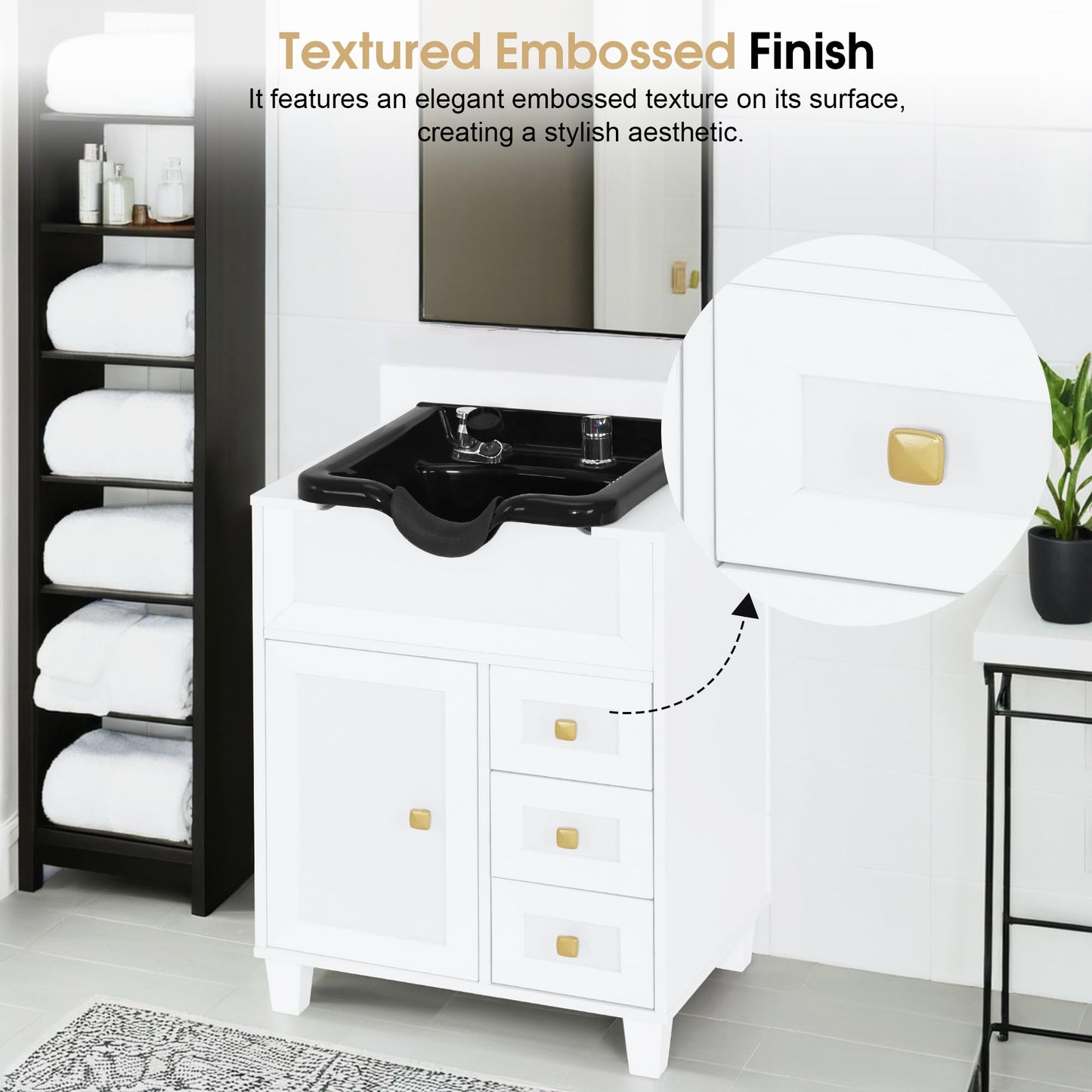 BarberPub Barber Storage Shampoo Station, Spa Textured Embossed Cabinet with Shampoo Bowl & Drawers, Hair Salon Sink Backwash Equipment 7131 (White)