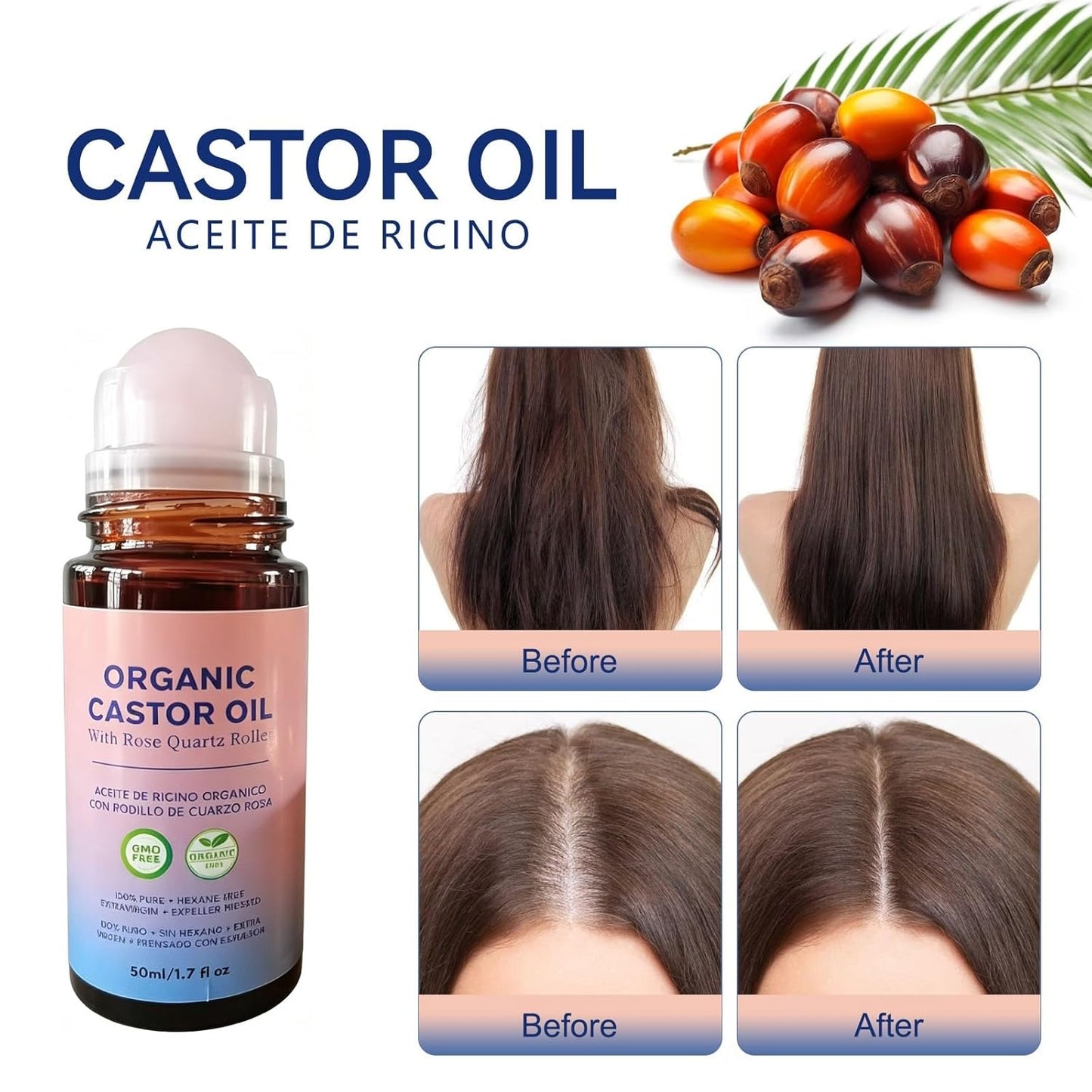 Organic Castor Oil - 100% Pure Cold-Pressed Formula for Skin & Hair Care | Rose Quartz Roller, 1.7 Fl Oz