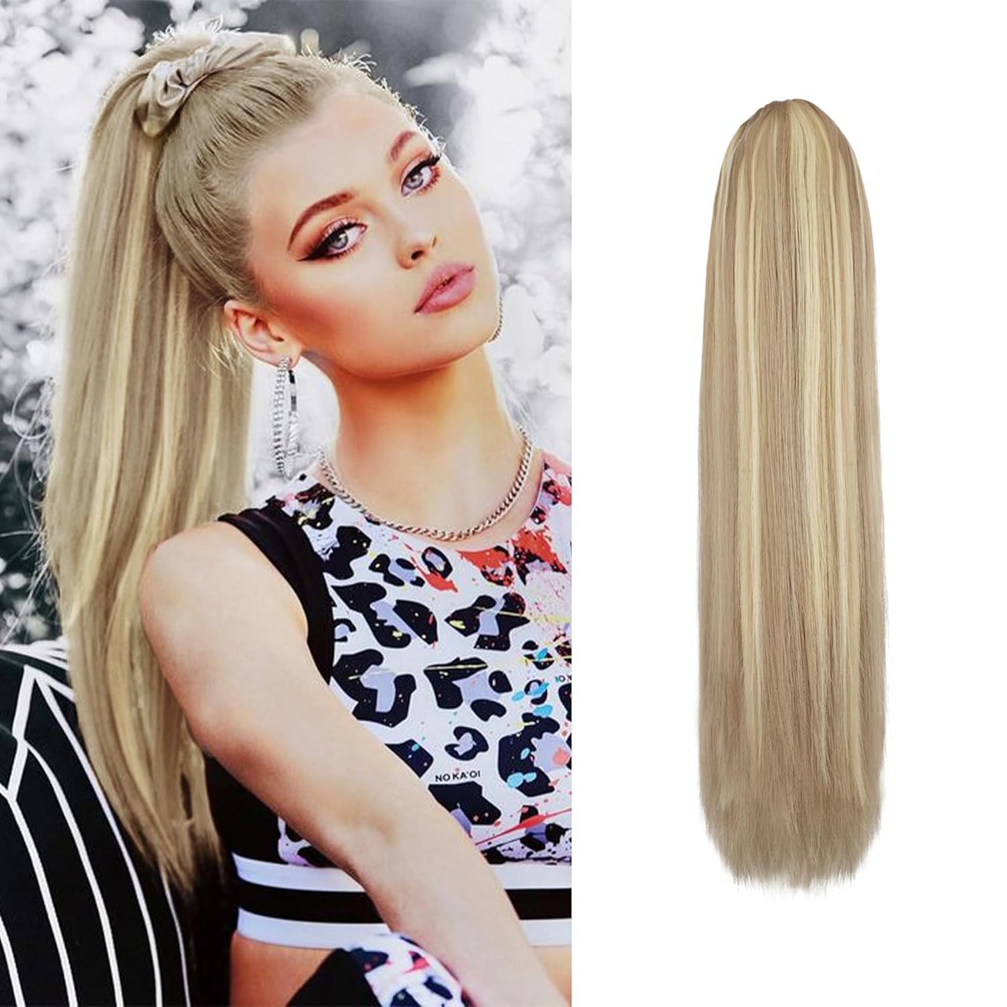 Long Straight Ponytail Extension - 26 Inch Brown Synthetic Clip-In Hairpiece for Women | Light Brown Mixed