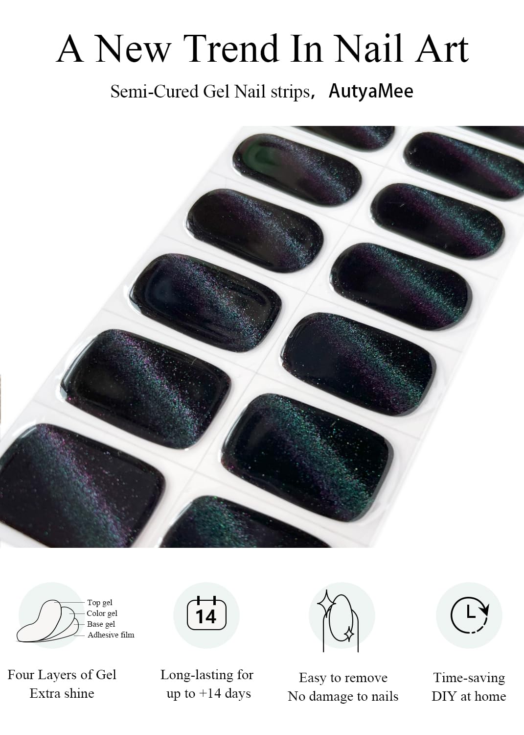 AutyaMee Semi Cured Gel Nail Strips, 20 Pcs Gel Nail Stickers, Wraps, UV Light Required, Salon Quality, Long Lasting