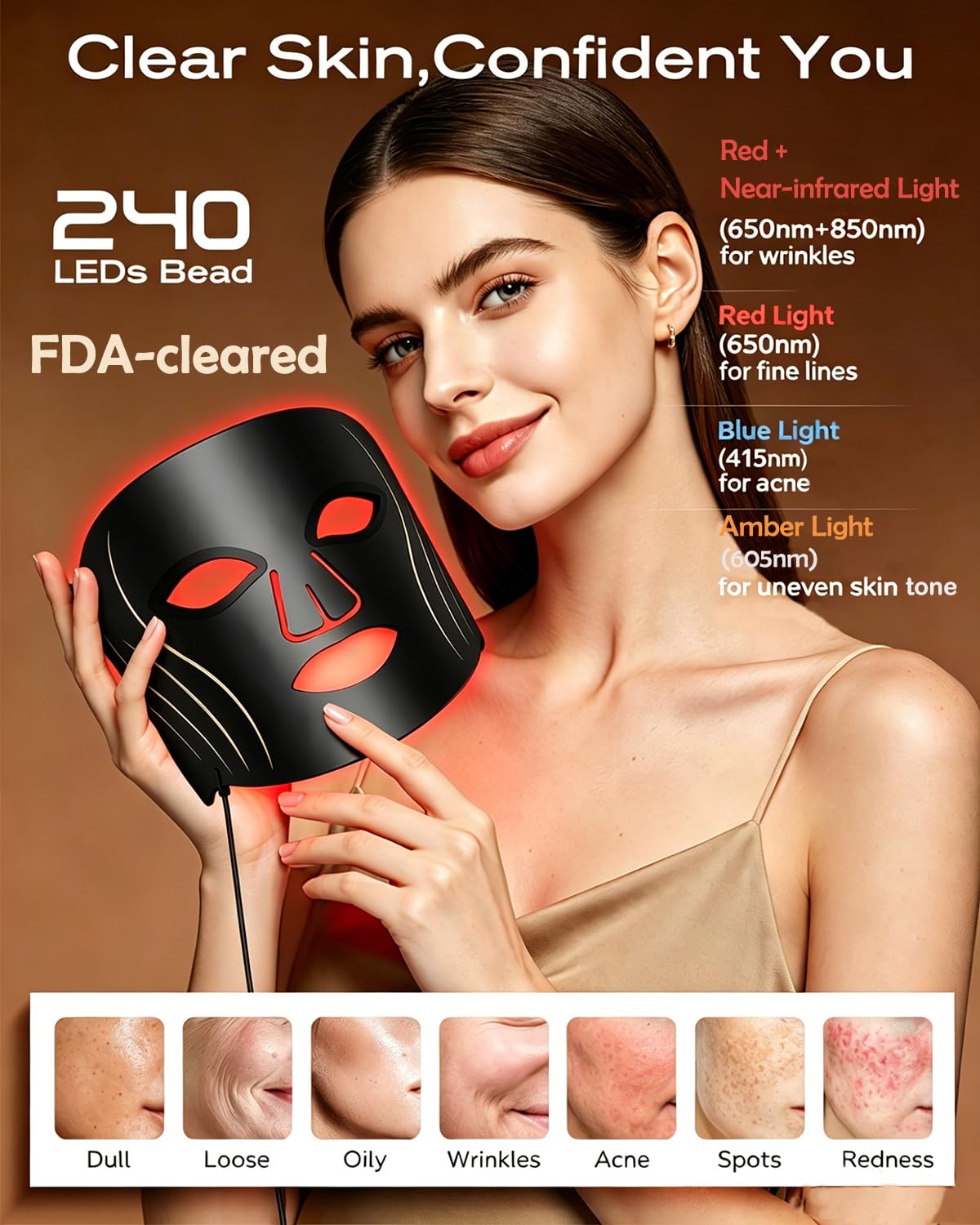 Avvnee FDA-Cleared Red Light Therapy for Face, 4 Modes Red Light Mask for Wrinkles & Skin Texture, LED Face Mask with 850nm NIR, Red, Blue & Amber Light for Glowing Skin, 240 LEDs, 3000mAh Timer