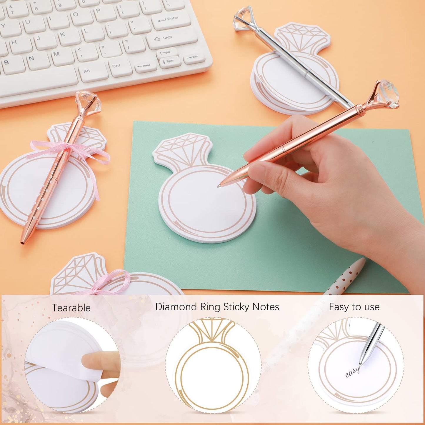 Fuutreo 24 Pack Diamond Ring Sticky Notes Set with Big Diamond Pens Diamond Ring Bling Memo Pad for Wedding Crystal Metal Ballpoint Pens with Black Ink for Bachelorette Office Wedding Gift Supplies
