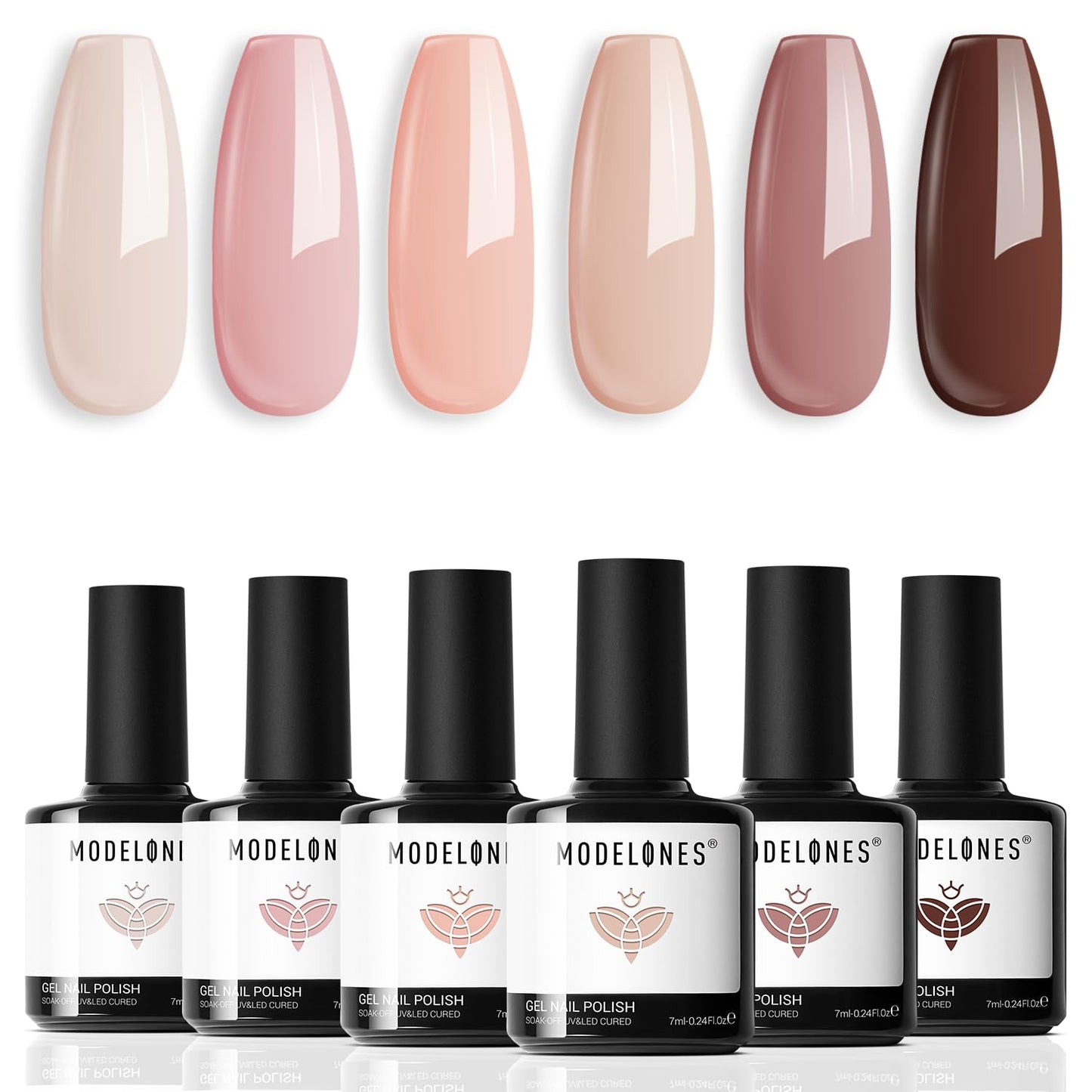 Gel Nail Polish Kit - 6 Colors for Skin Tones | Nude Pink, Milky White & Neutral Brown Soak Off Set