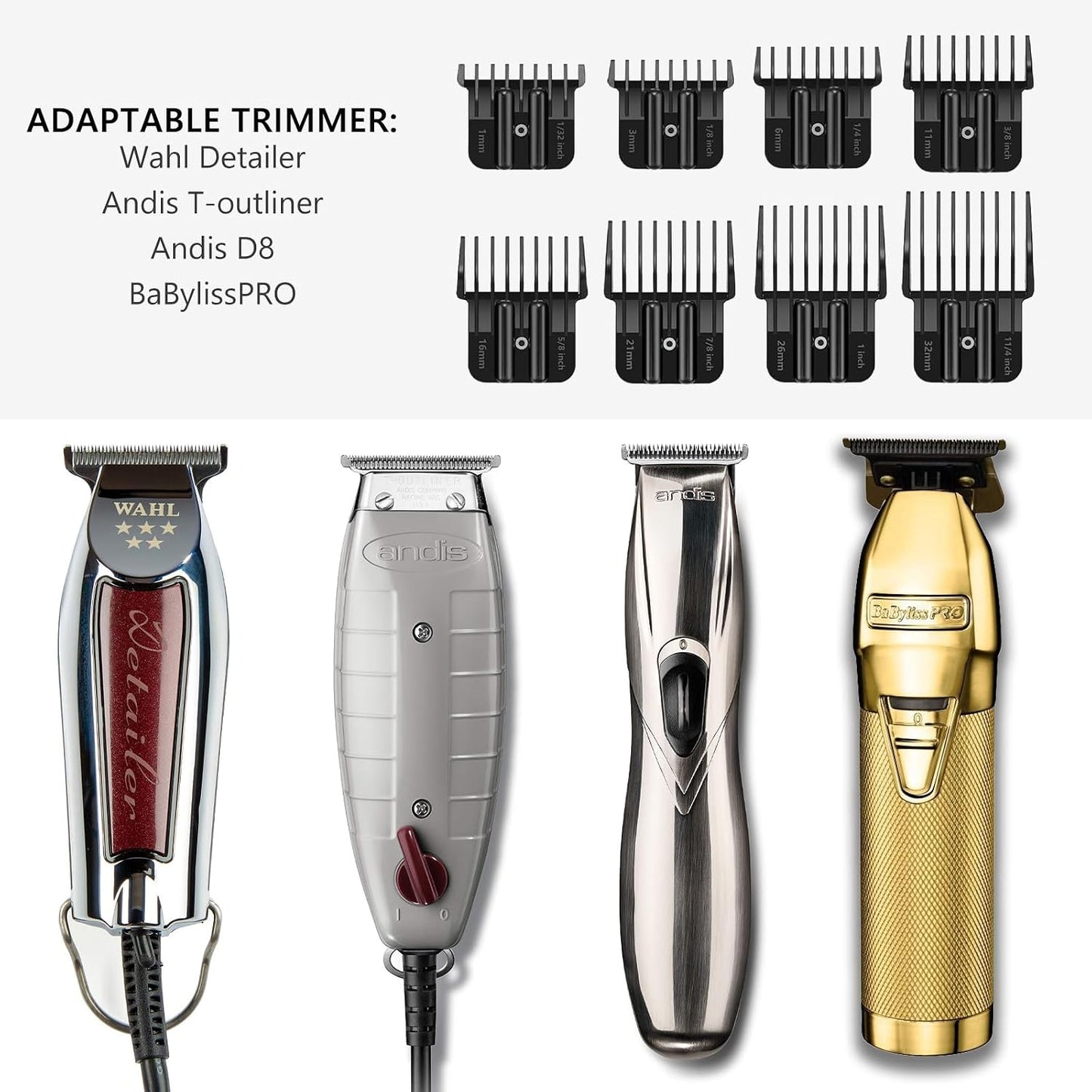 8 Pack Hair Clipper Guards - Universal Snap-On Blade Combs for Wahl, Andis & BaByliss | 1/32" to 1/4" Sizes, Black