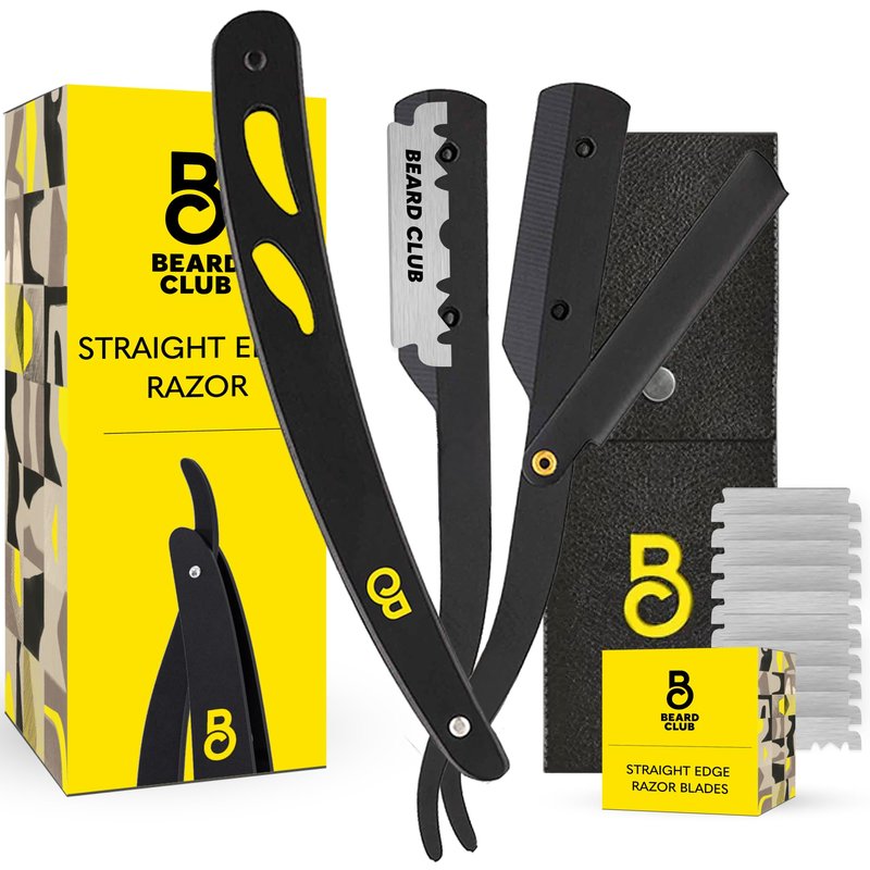 The Beard Club Straight Razor for Men - Navajas Para Barbero - Barber Straight Edge Razor Kit - Premium Single Derby Blade Cutthroat With 10 Replaceable Stainless Steel Blades & Leather Case