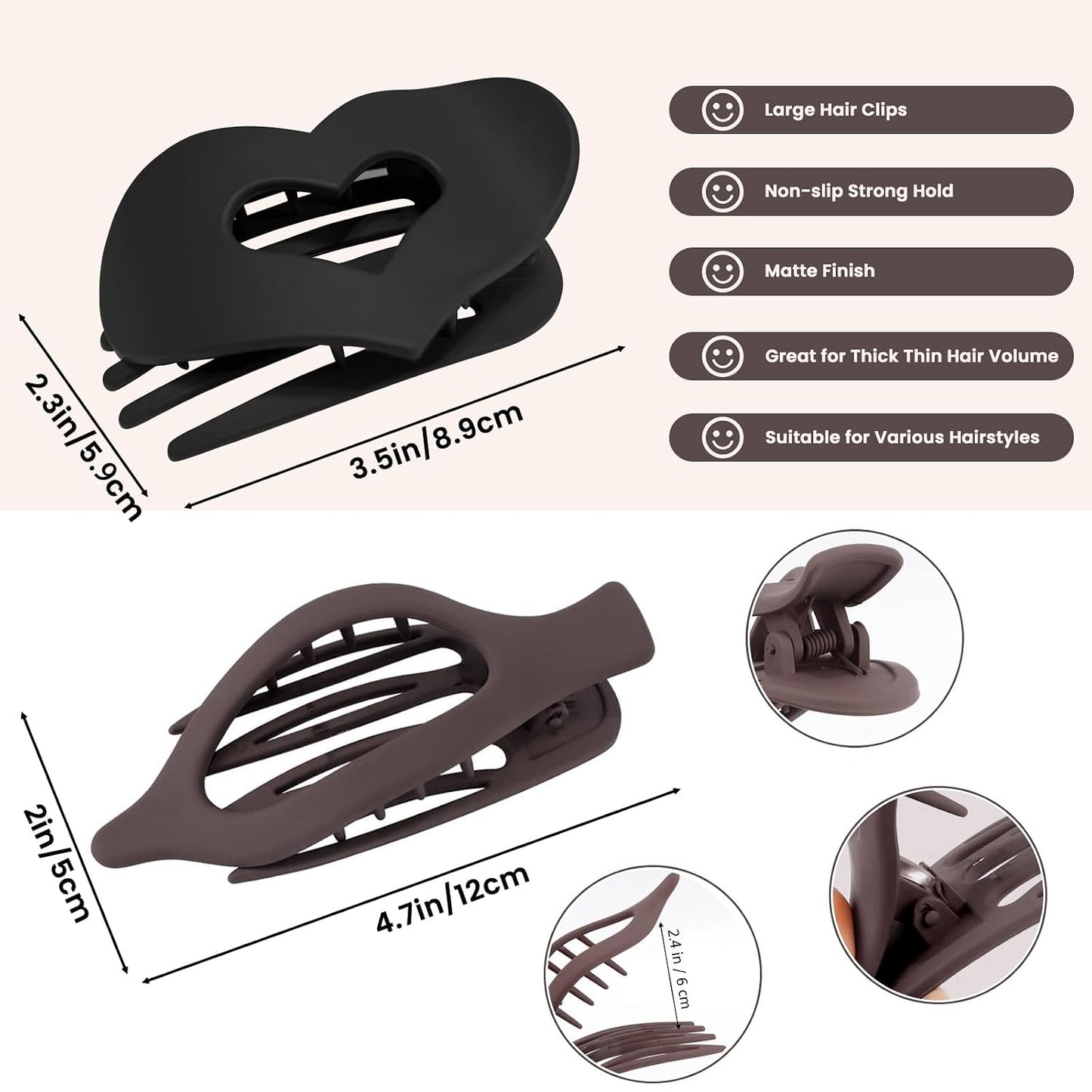 French Flat Hair Clips - 6 Pcs Set for Women | Strong Hold, Matte Neutral Colors, Large Curved Design for Thick & Thin Hair