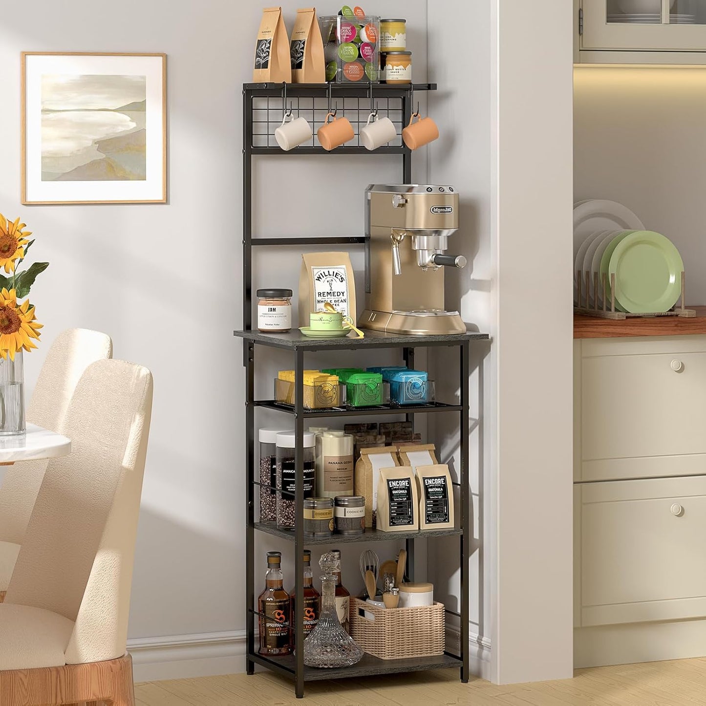 5 Tier Coffee Bar Station - Farmhouse Kitchen Stand with 4 S-Shaped Hooks | Compact Gray 13.43"D x 18.93"W x 53.31"H