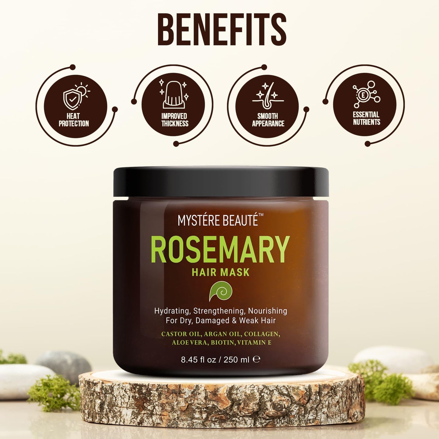 MYSTÉRE BEAUTÉ Rosemary Deep Conditioning Hair Mask for Dry Damaged Hair and Growth with Collagen Argan Oil - Rosemary Oil Leave in Conditioner aceite de romero puro y natural 8.5 fl oz x 2 Pack