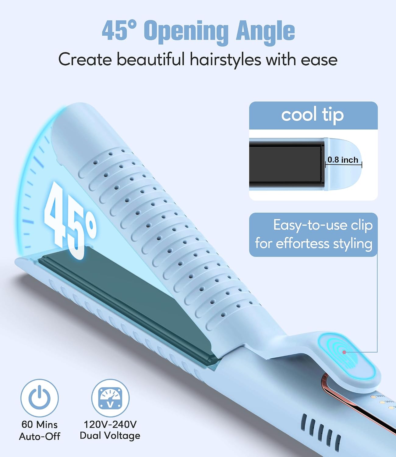 Farery Chill Set Soft-Air Curling Iron - 2-in-1 Hair Straightener & Curler with Long Barrel, Quick Styling in Blue