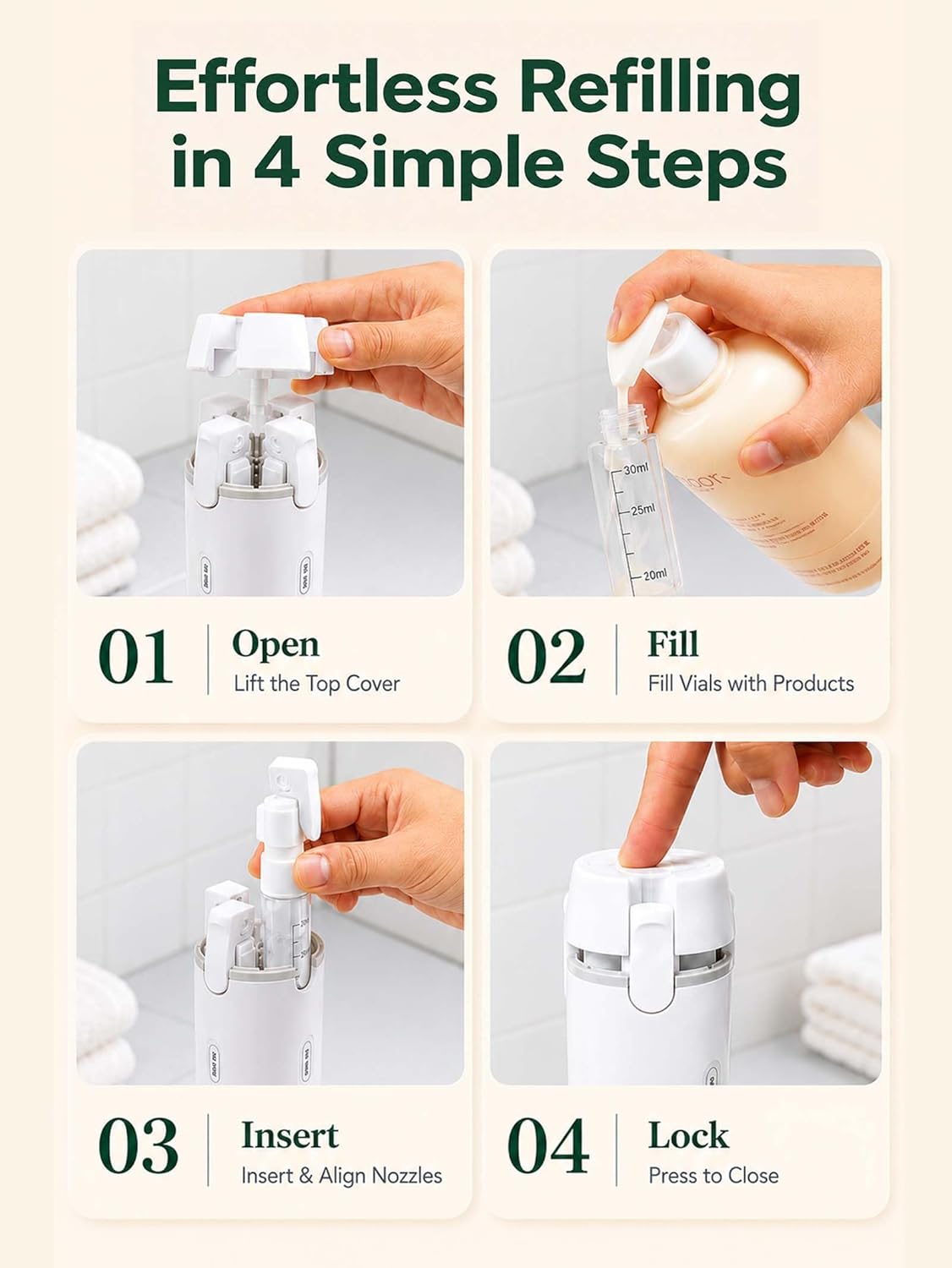 Travel Dispenser Bottle - 4 in 1 TSA Approved Leak Proof Toiletry Containers for Shampoo, Conditioner & Lotion | Easy Clean Travel Bottles for Gym & Business