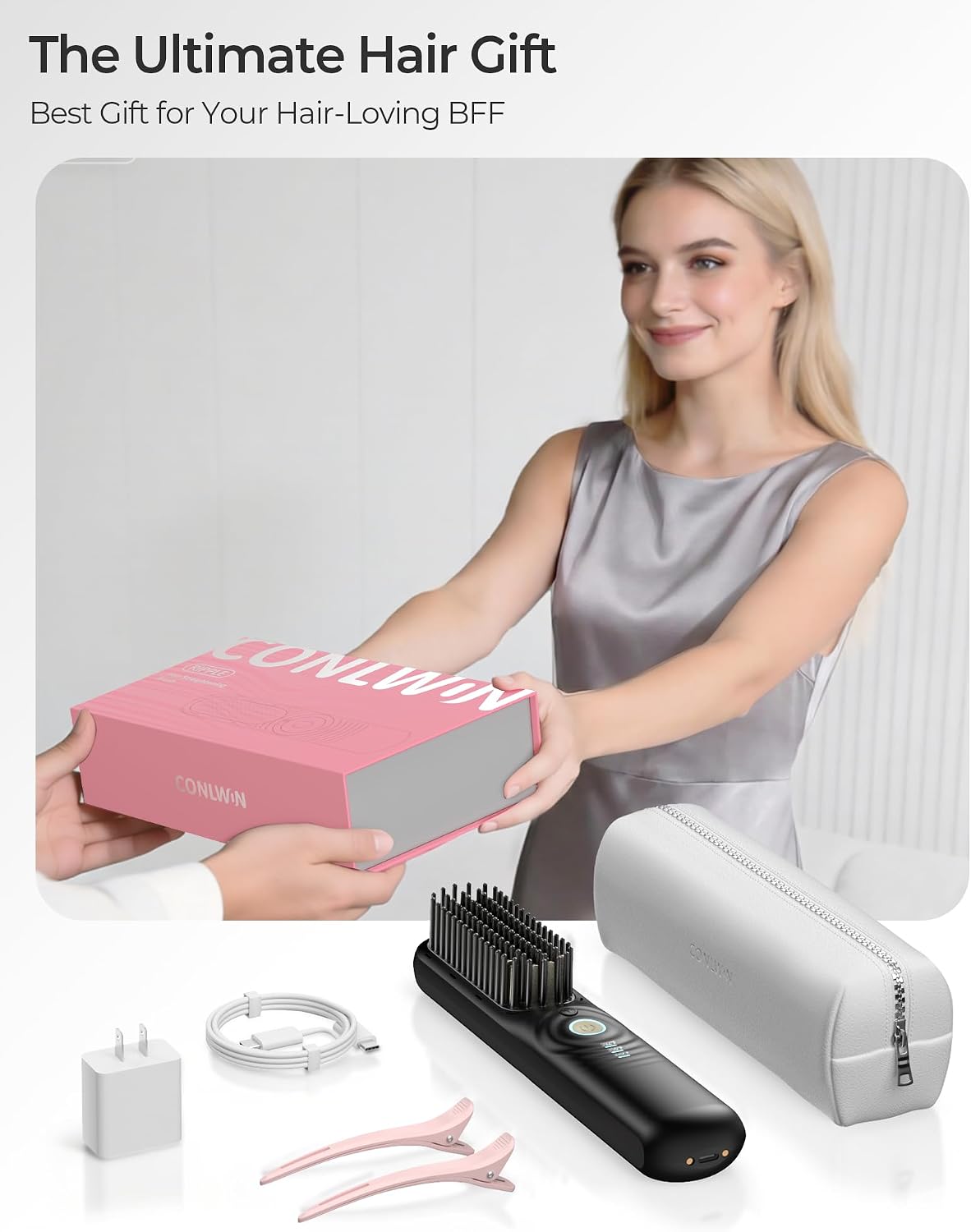 Cordless Hair Straightener Brush - Portable Mini Travel Straightener for Thick Curly Hair | 350M Negative Ions, Fast Heating