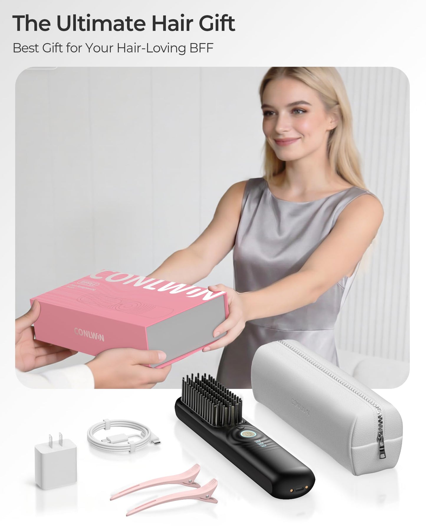 CONLWIN Cordless Hair Straightener Brush with Cool Air Long-Lasting Style, Portable Mini Travel Hair Straightener for Thick Curly Hair, 350M Negative Ions for Frizz-Free, Fast Heating, Gift for Women