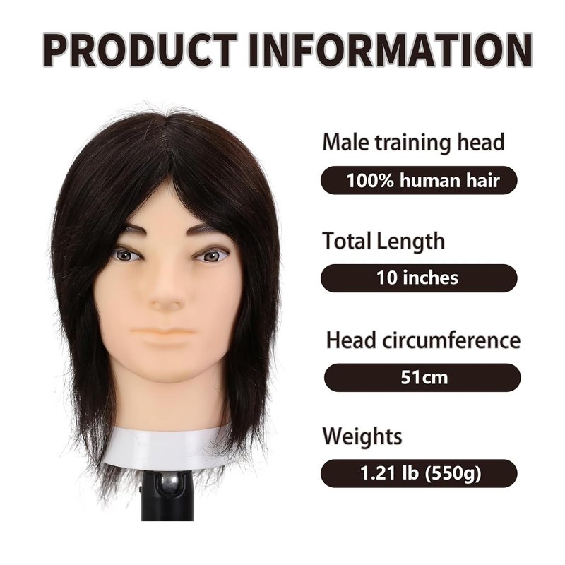 Realistic Male Mannequin Head - 10" Human Hair Training Manikin for Hair Cutting & Styling | Black