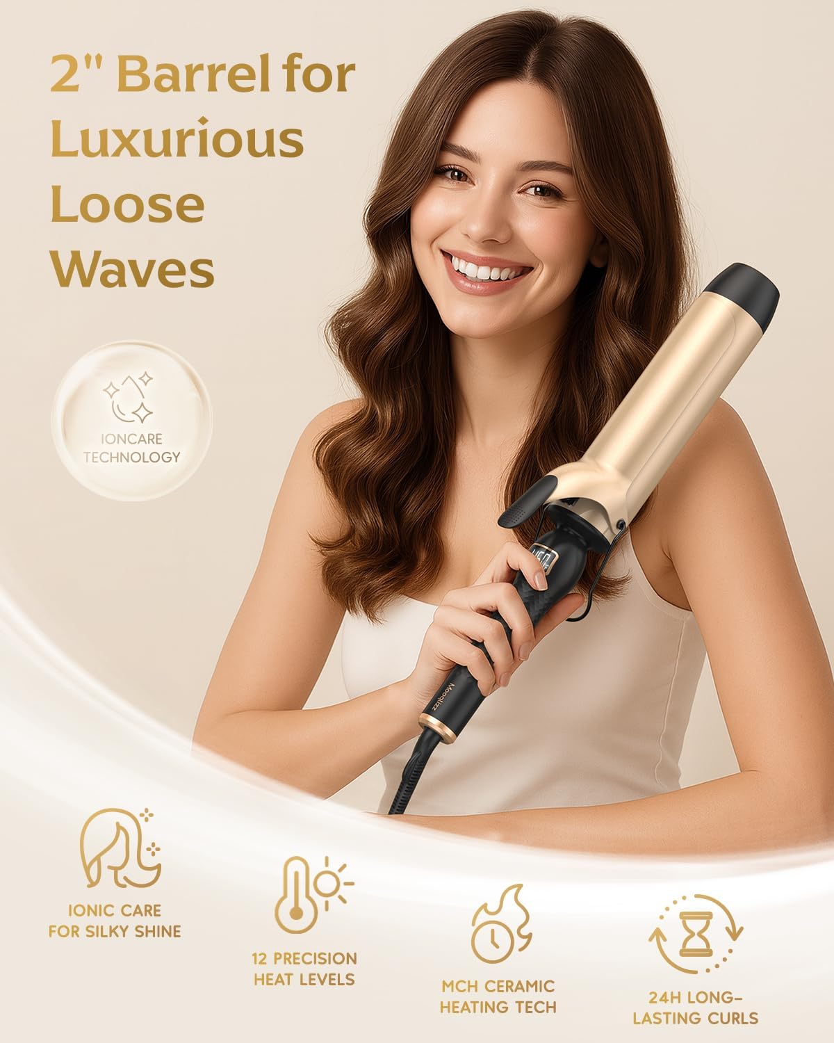 Professional Curling Iron - 2 Inch Large Barrel Wand for Long Hair | MCH Heating, 12 Temp Settings, Dual Voltage, Black