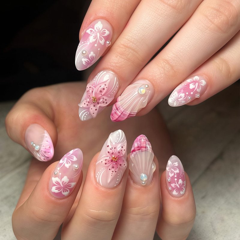 Press On Nails - 24 Pcs Pink French Tip with Pearl Rhinestones | Summer Beach Acrylic Floral Design