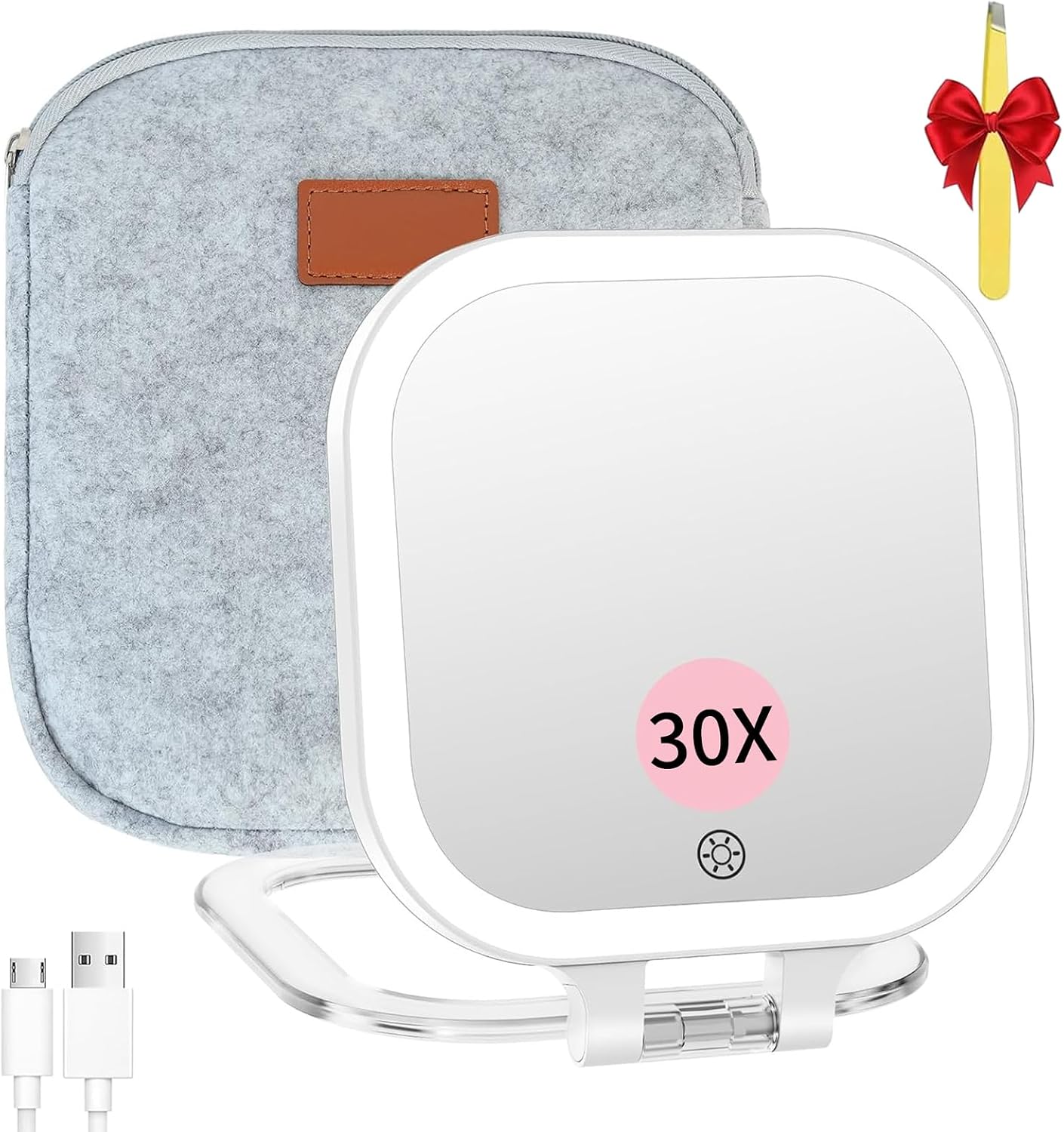 Rechargeable Travel Makeup Mirror - 30X Magnification, 7" Lighted Vanity Mirror with 3 Color Lighting & Dimming | Black