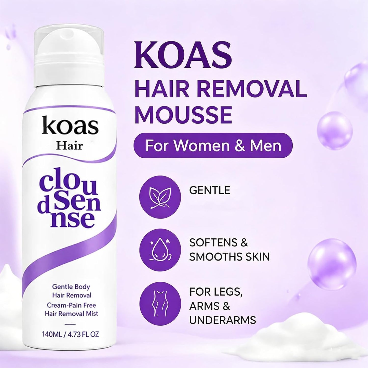 Koas Hair Removal Mousse - Gentle Hair Remover for Women & Men | Aloe Vera, Smooth Finish for Legs, Arms & Underarms (3 Pcs)