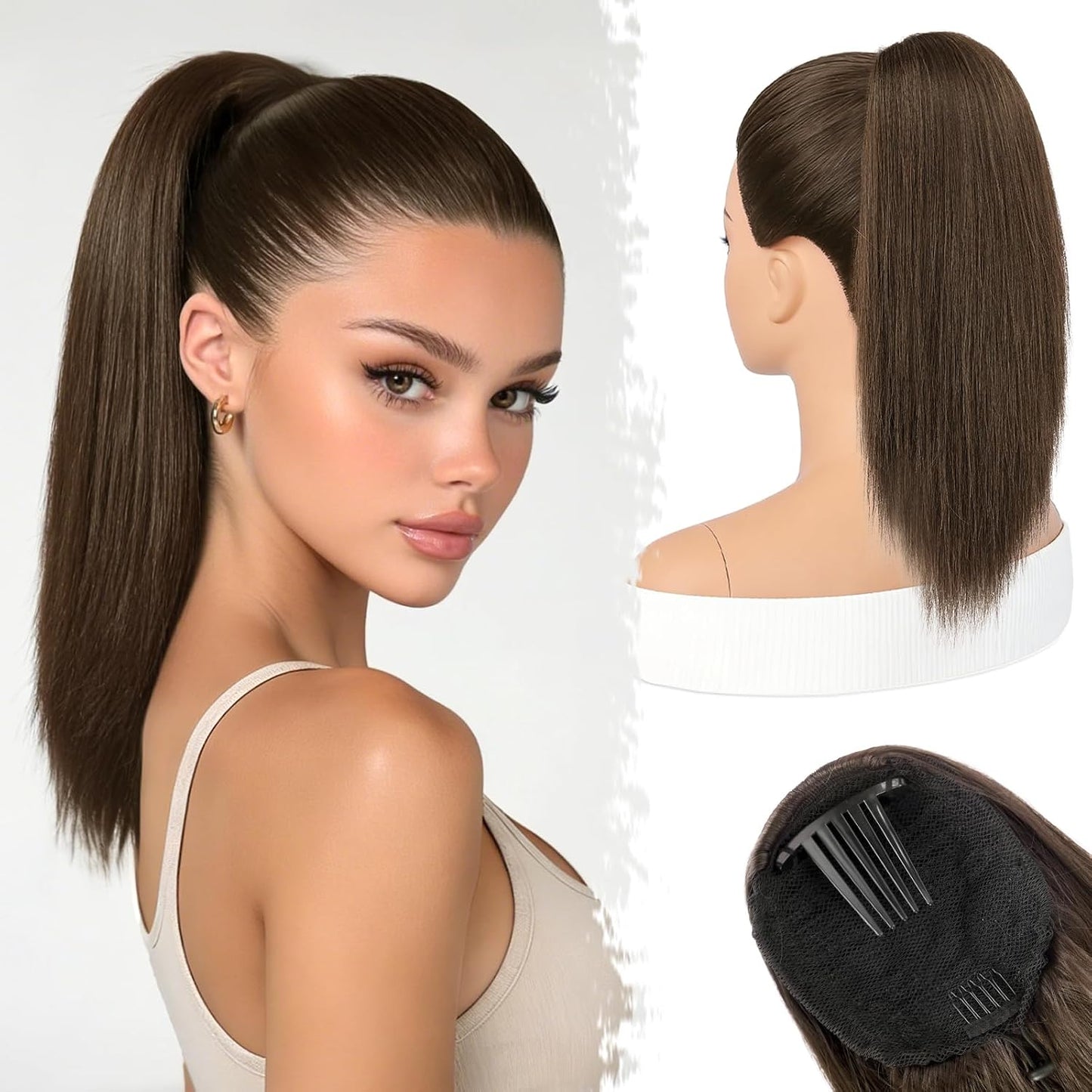 Brown Straight Drawstring Ponytail Extension - 28 Inch Natural-Looking Soft Synthetic Hairpiece | Fluffy & Stylish for Daily Wear